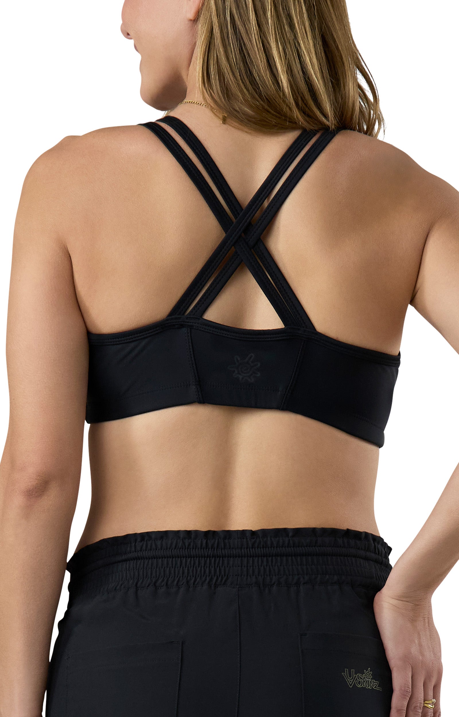 back of the women's crisscross swim bra in black|black