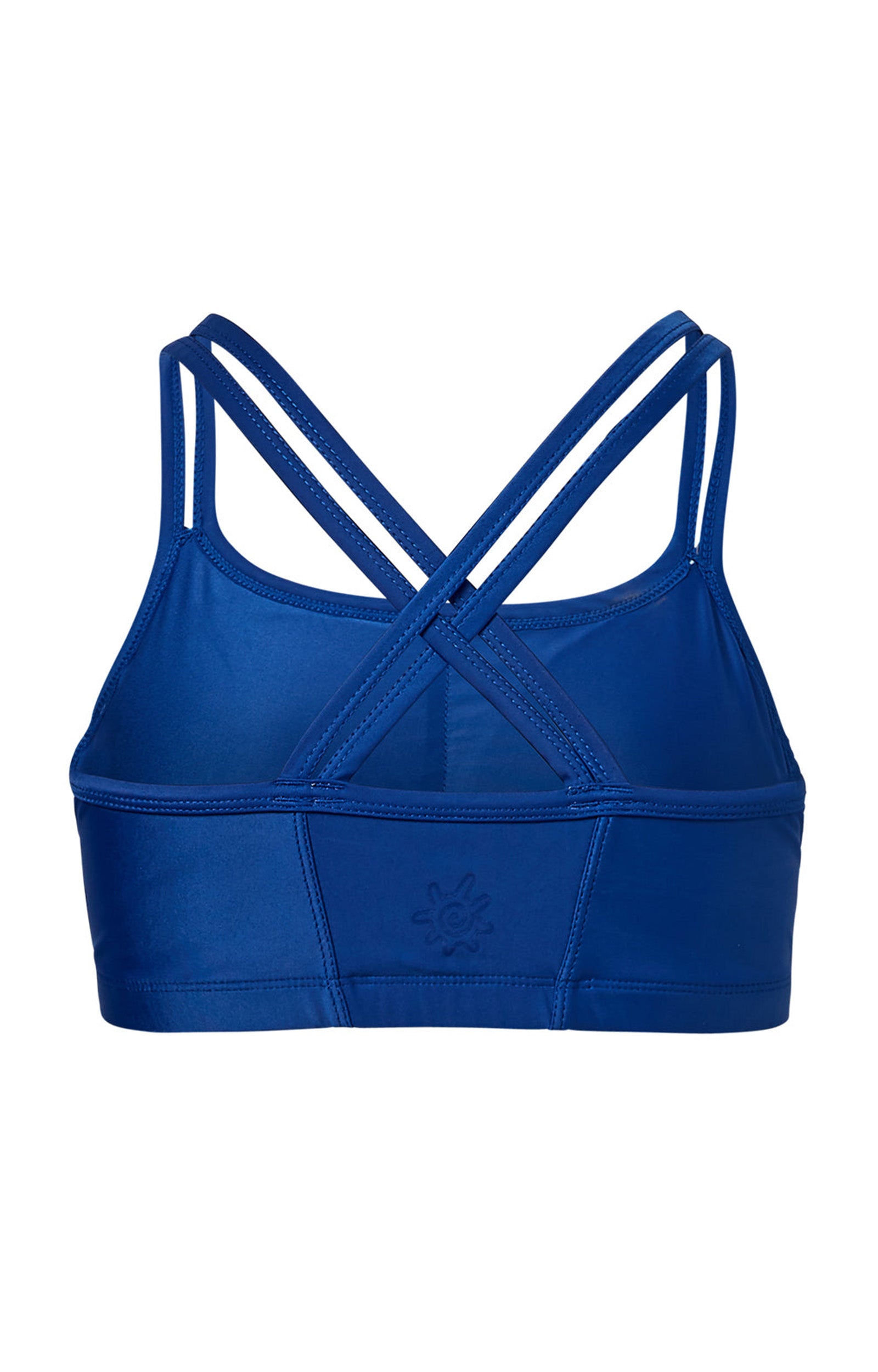 Back of the UV Skinz's women's crisscross swim bra in navy blue teal|navy-blue-teal