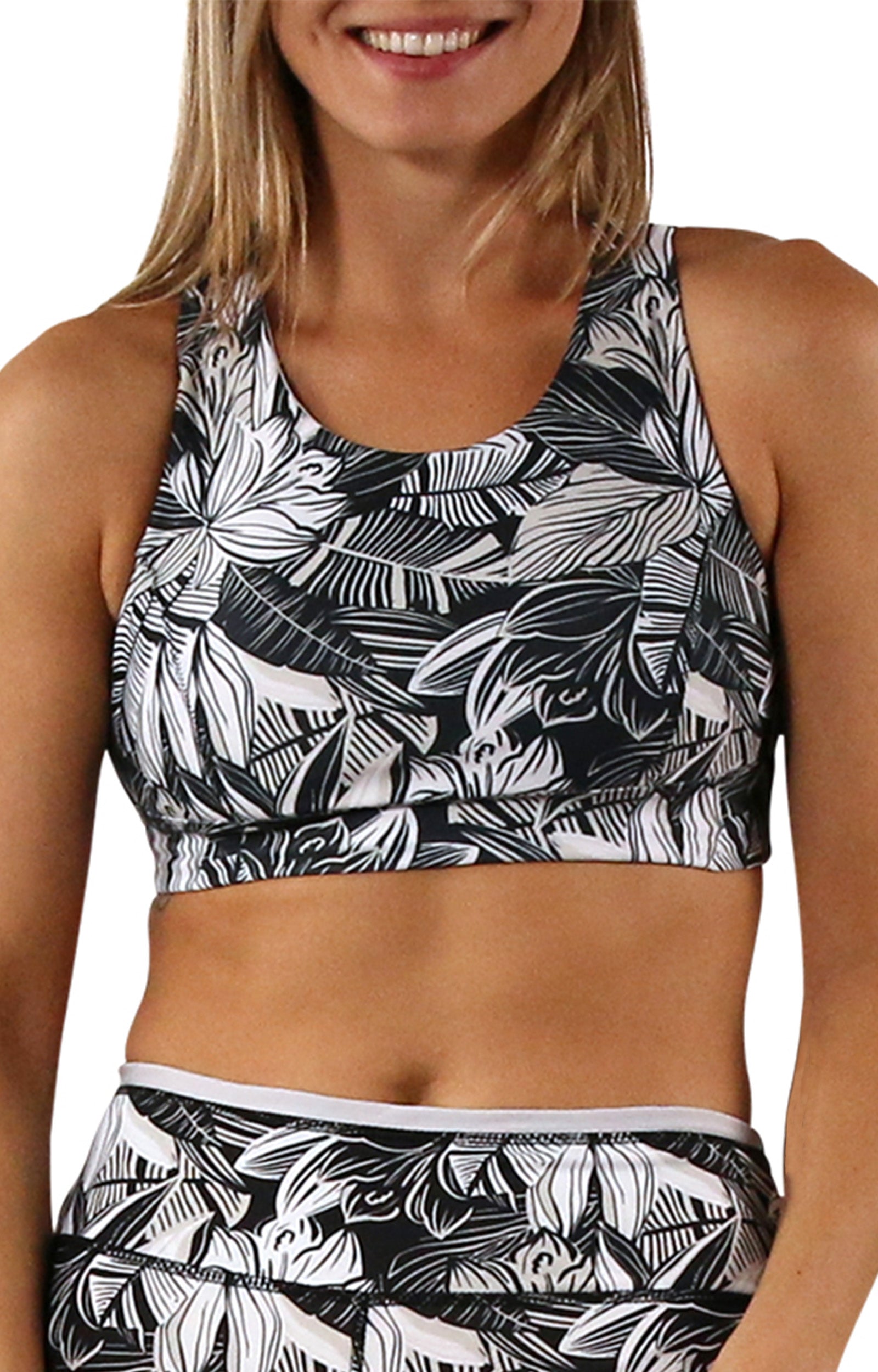 Women's Active Swim Bra in Woodblock Tropics|woodblock-tropics