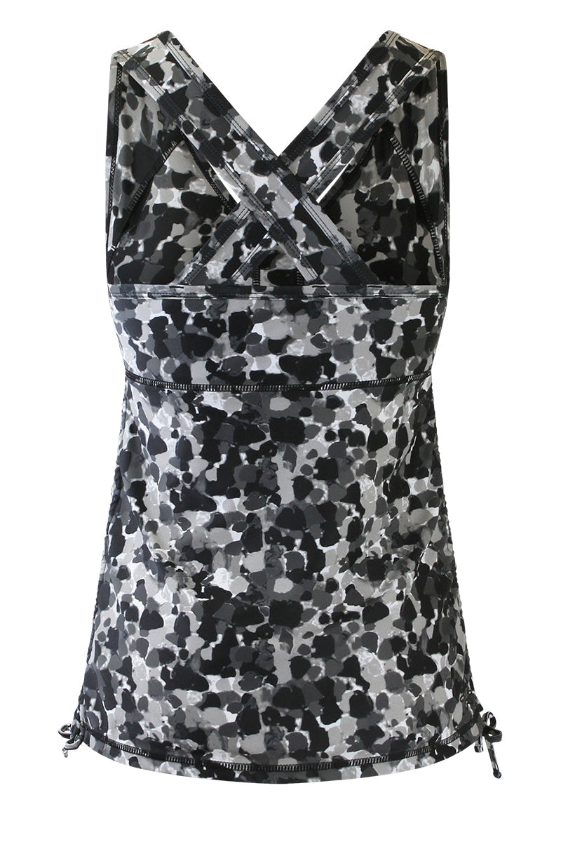 Back of the women's ruched swim tank top in black sea glass|black-sea-glass