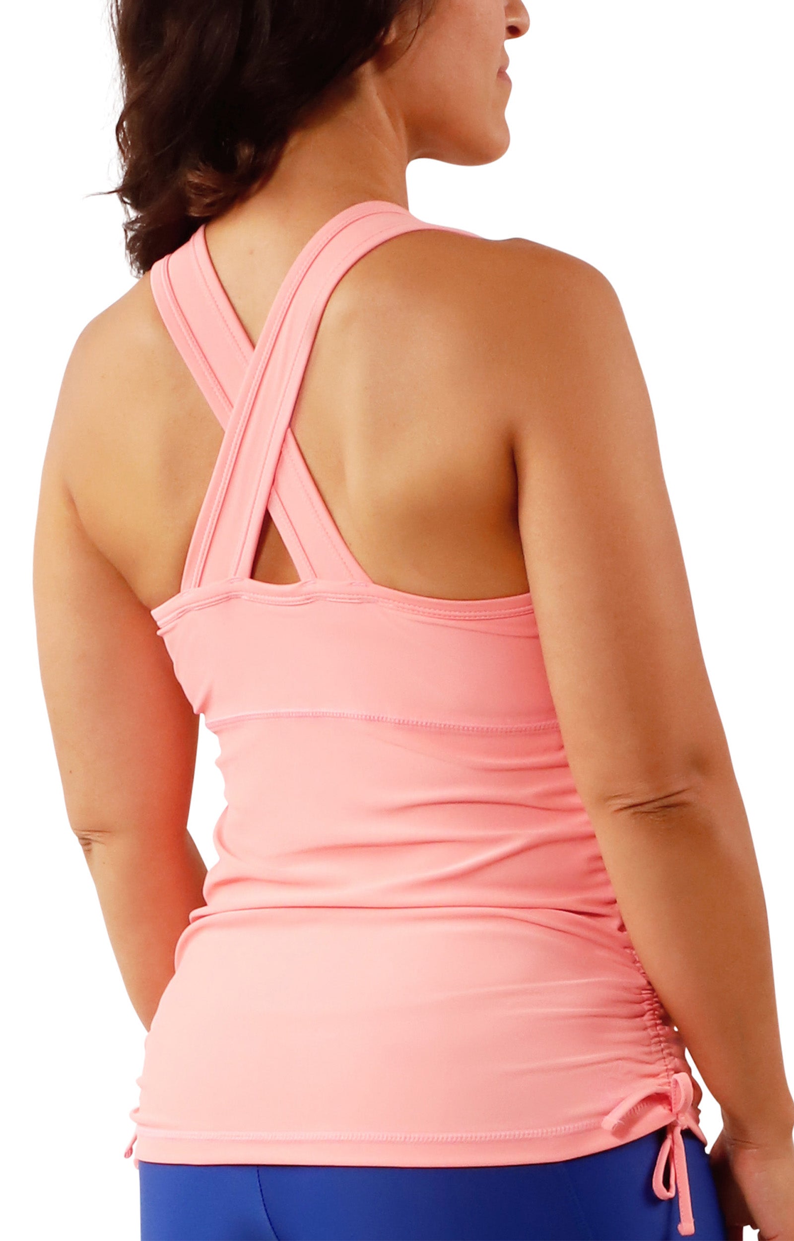back view of women's ruched swim tank top in flamingo|flamingo