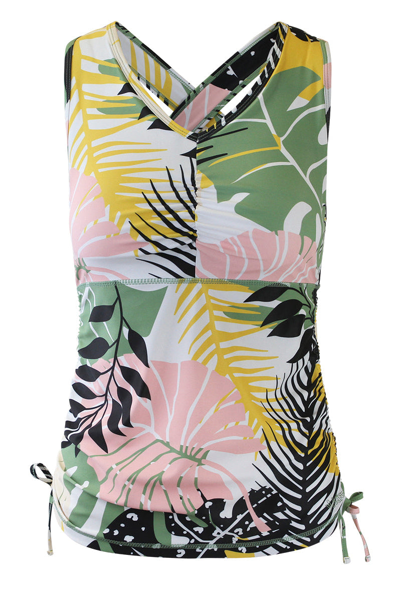 Women's ruched swim tank top in forest botanical|forest-botanical