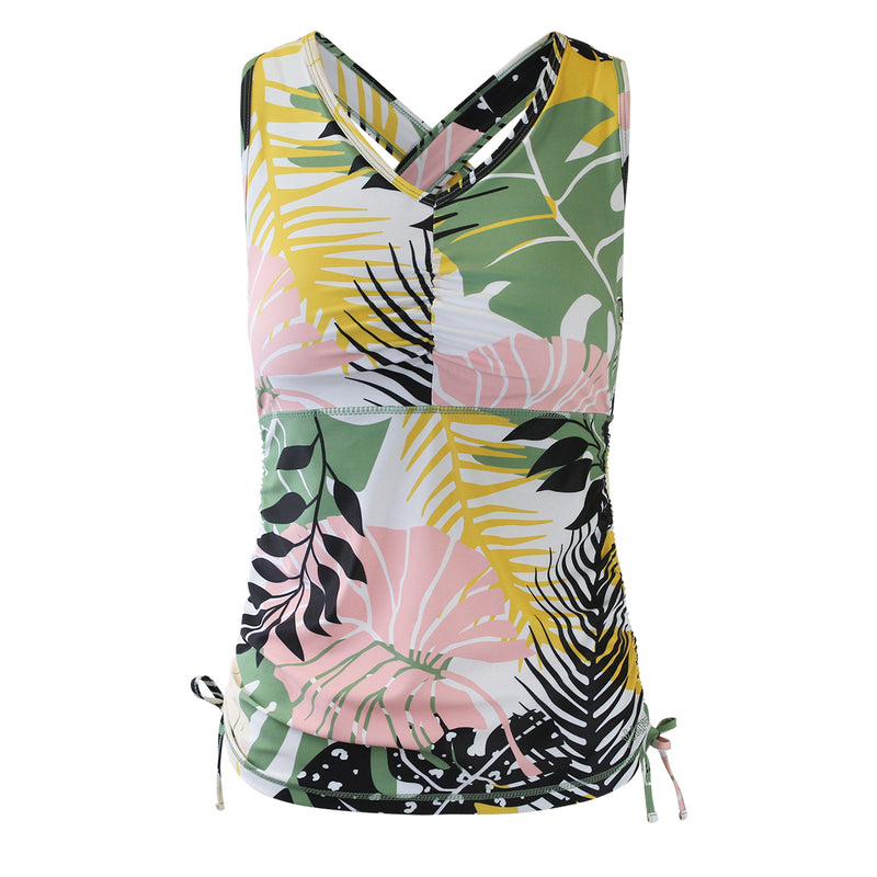 Women's ruched swim tank top in forest botanical|forest-botanical