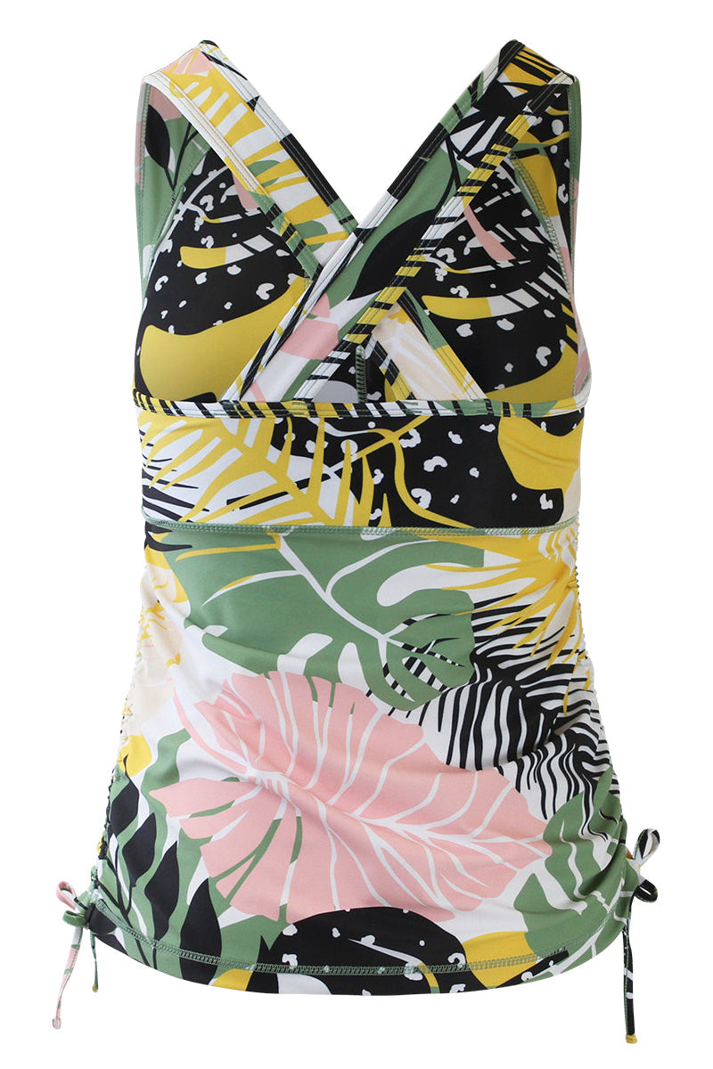 Back of women's ruched swim tank top in forest botantical|forest-botanical