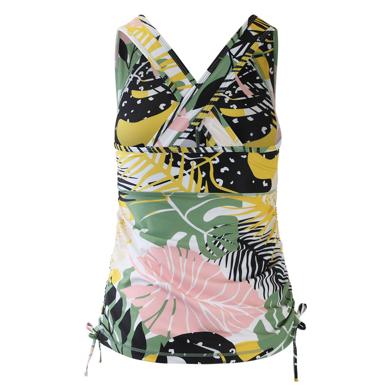 Back of women's ruched swim tank top in forest botantical|forest-botanical