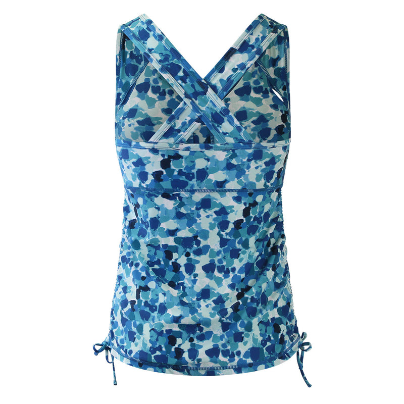 Back of women's ruched swim tank top in mykonos sea glass|mykonos-sea-glass