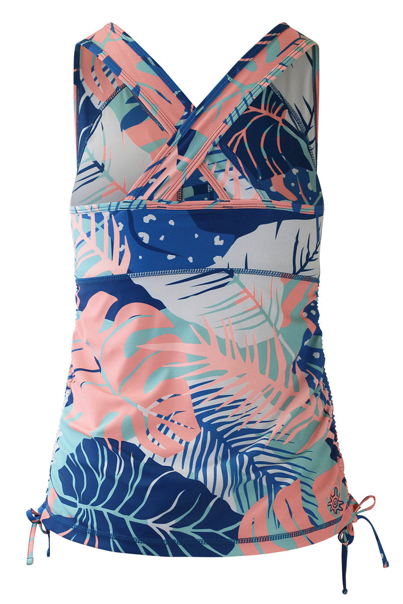 Back of women's ruched swim tank top in ocean botanical|ocean-botanical