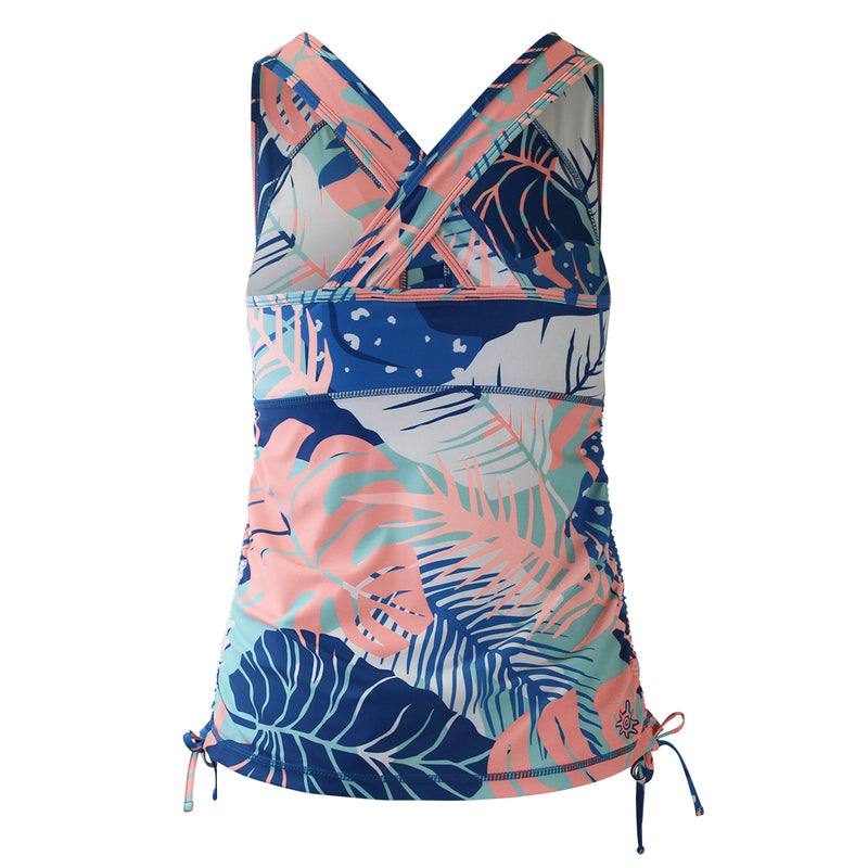 Back of women's ruched swim tank top in ocean botanical|ocean-botanical
