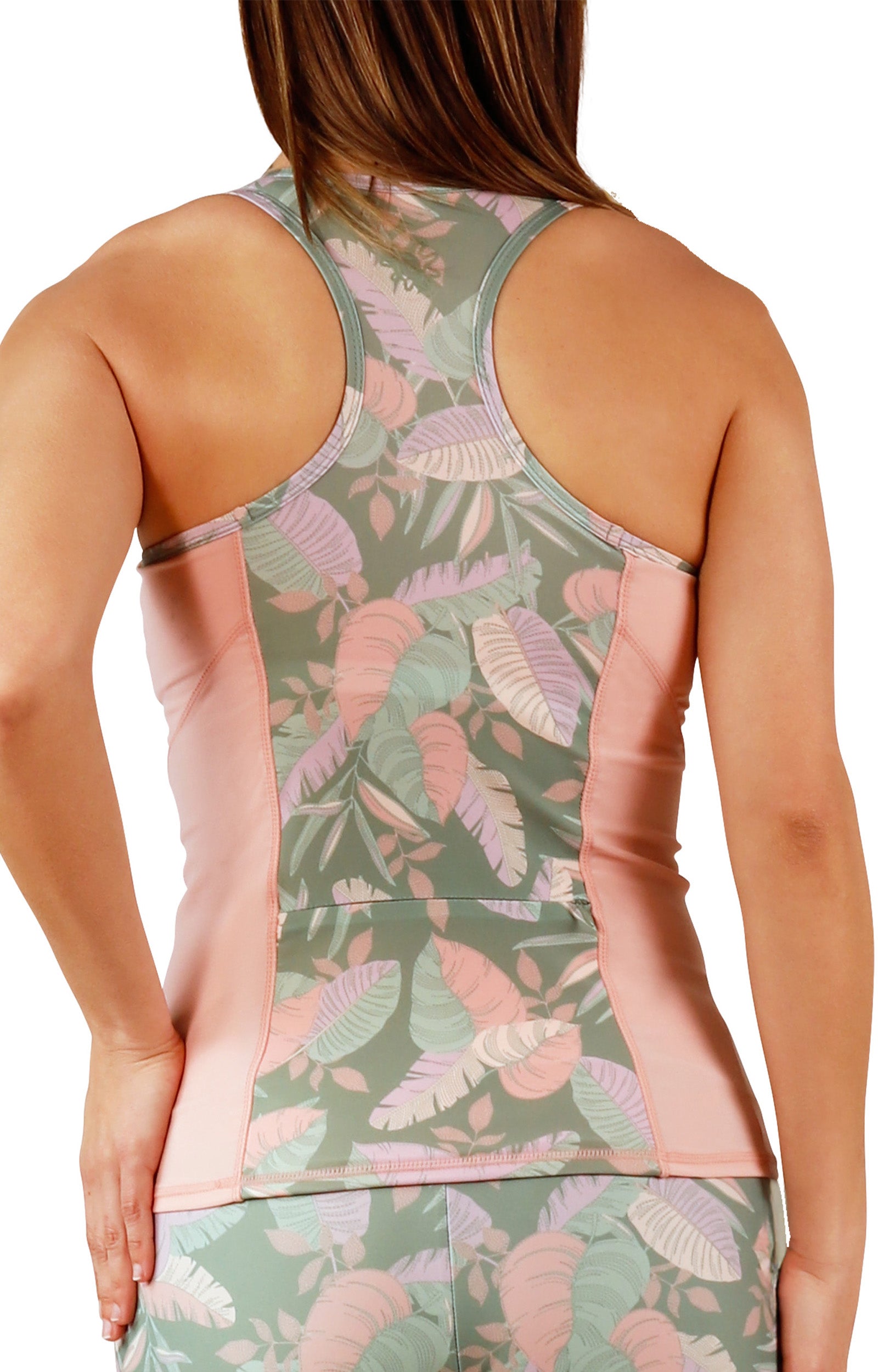 back view of womens racerback swim tank in lily pad leavescape|lily-pad-leavescape