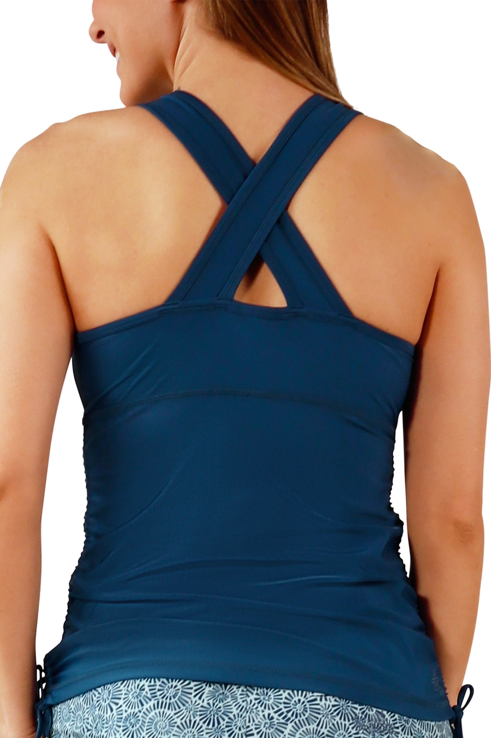 back view of women's ruched scoop tank top in midnight|midnight