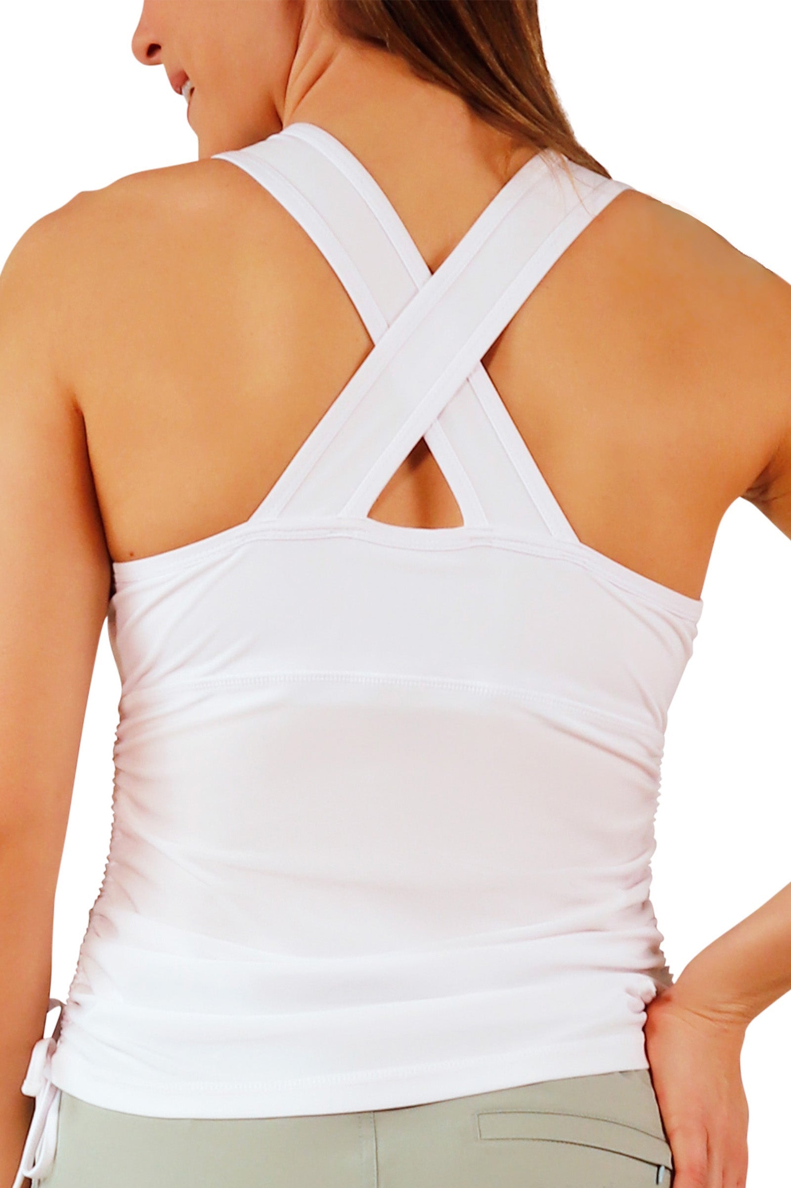 back view of women's ruched scoop tank top in white|white
