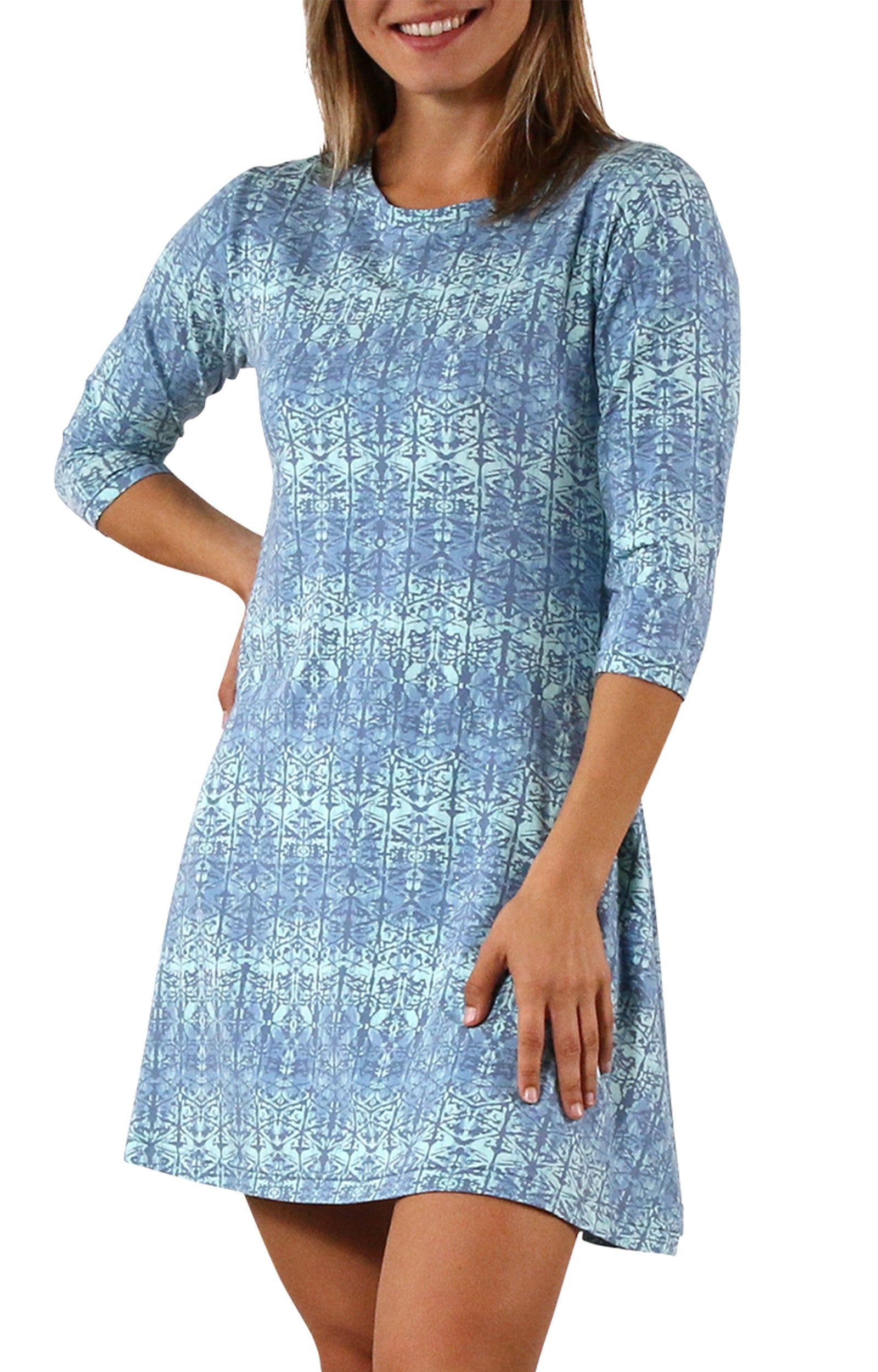 Women's 3/4 Sleeve Swing Dress in Baltic Kaleidoscope|baltic-kaleidoscope