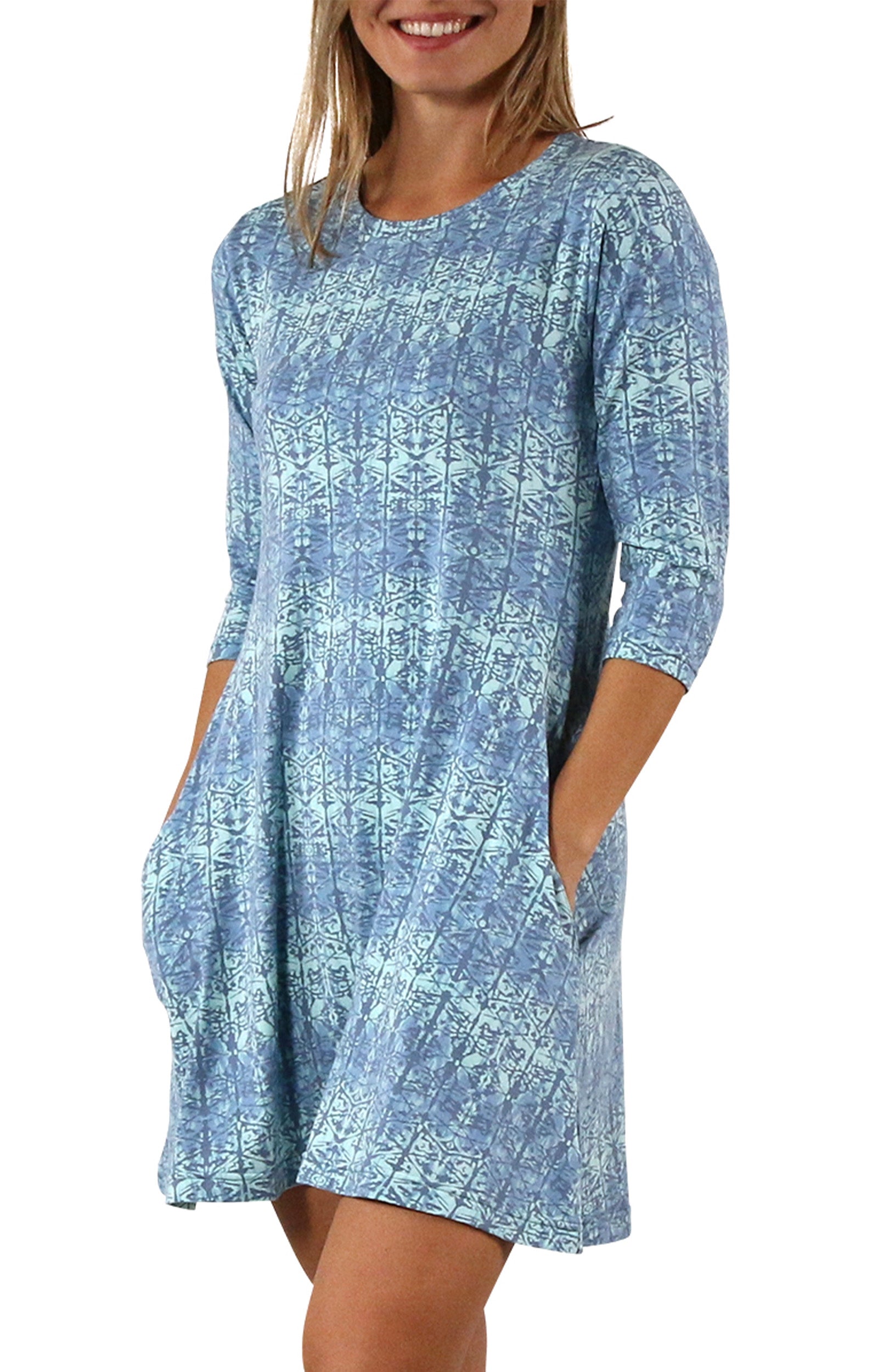 Women's 3/4 Sleeve Swing Dress in Baltic Kaleidoscope|baltic-kaleidoscope
