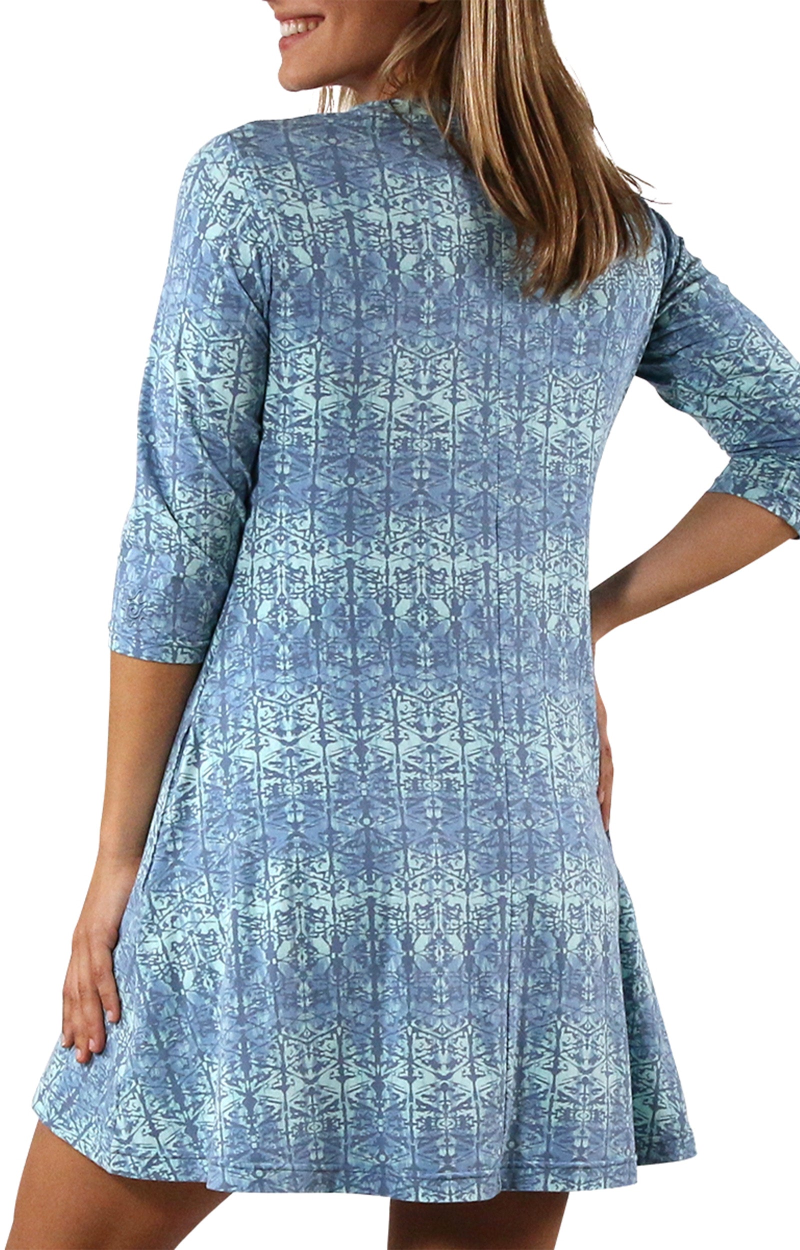 Women's 3/4 Sleeve Swing Dress in Baltic Kaleidoscope|baltic-kaleidoscope