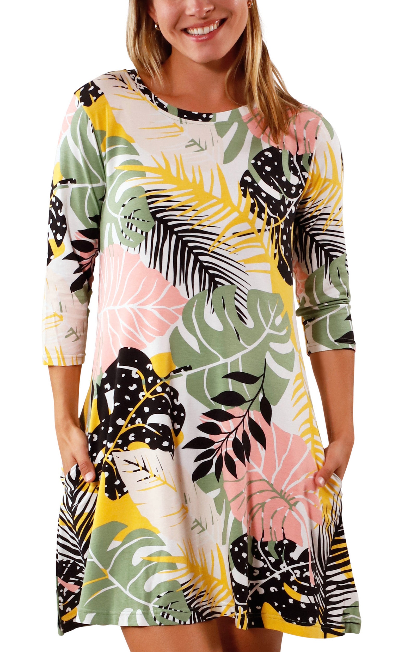 Women's 3/4 Sleeve Swing Dress in Forest Botanical|forest-botanical