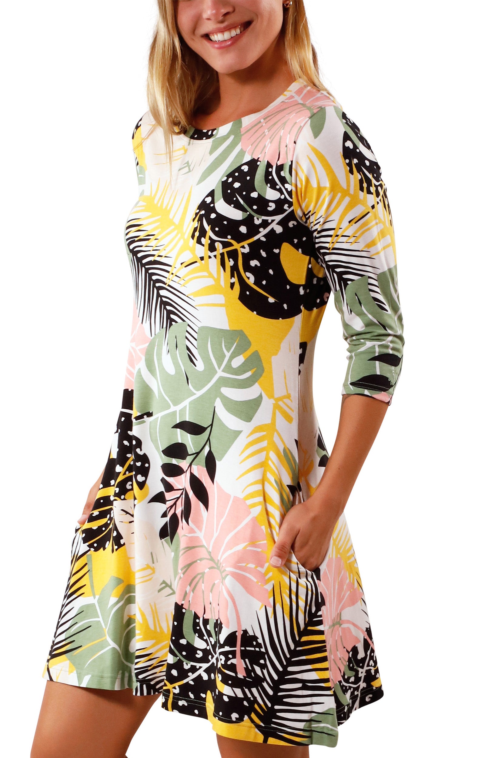 side view of Women's 3/4 Sleeve Swing Dress in Forest Botanical|forest-botanical