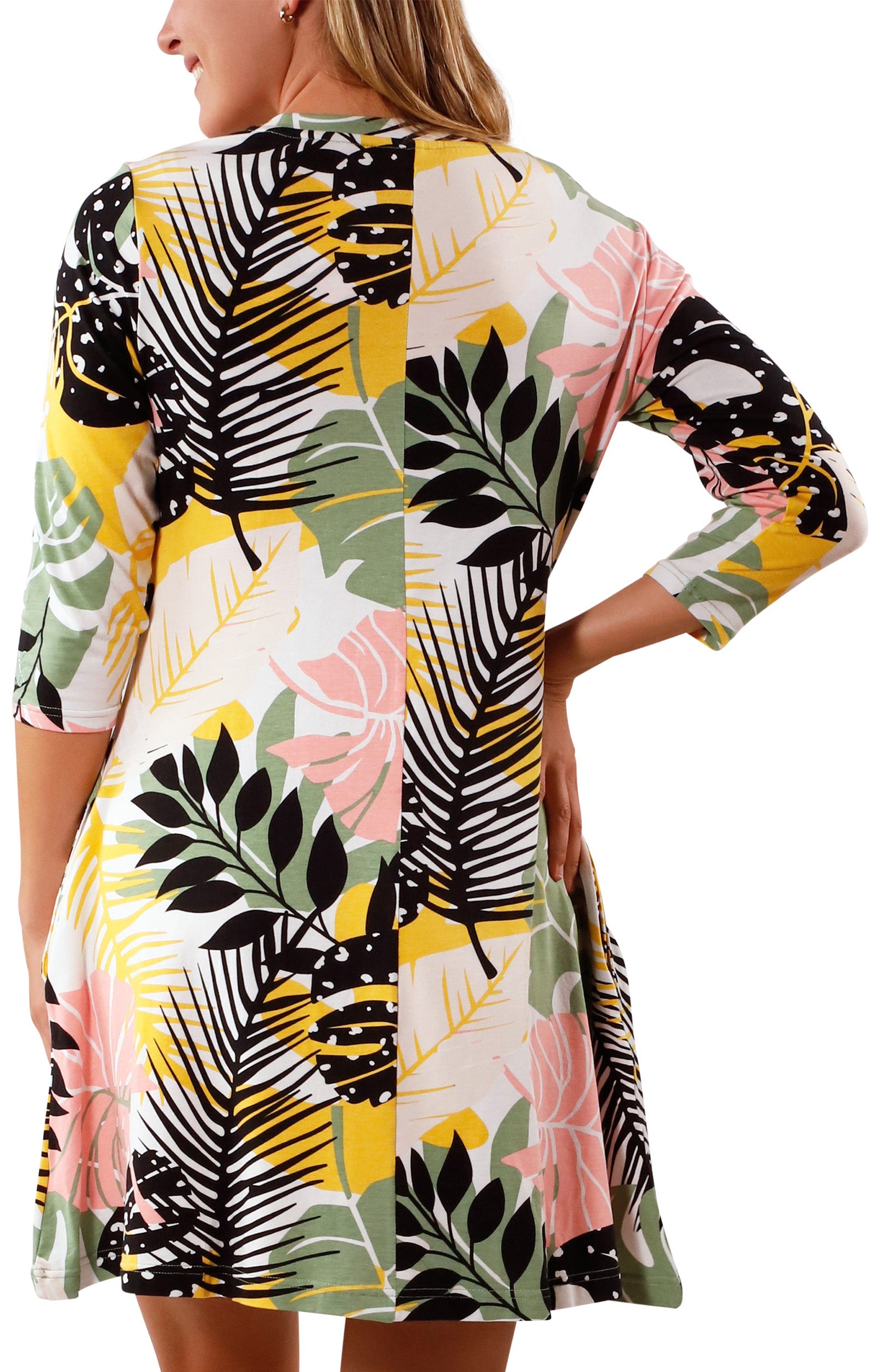 back view of Women's 3/4 Sleeve Swing Dress in Forest Botanical|forest-botanical