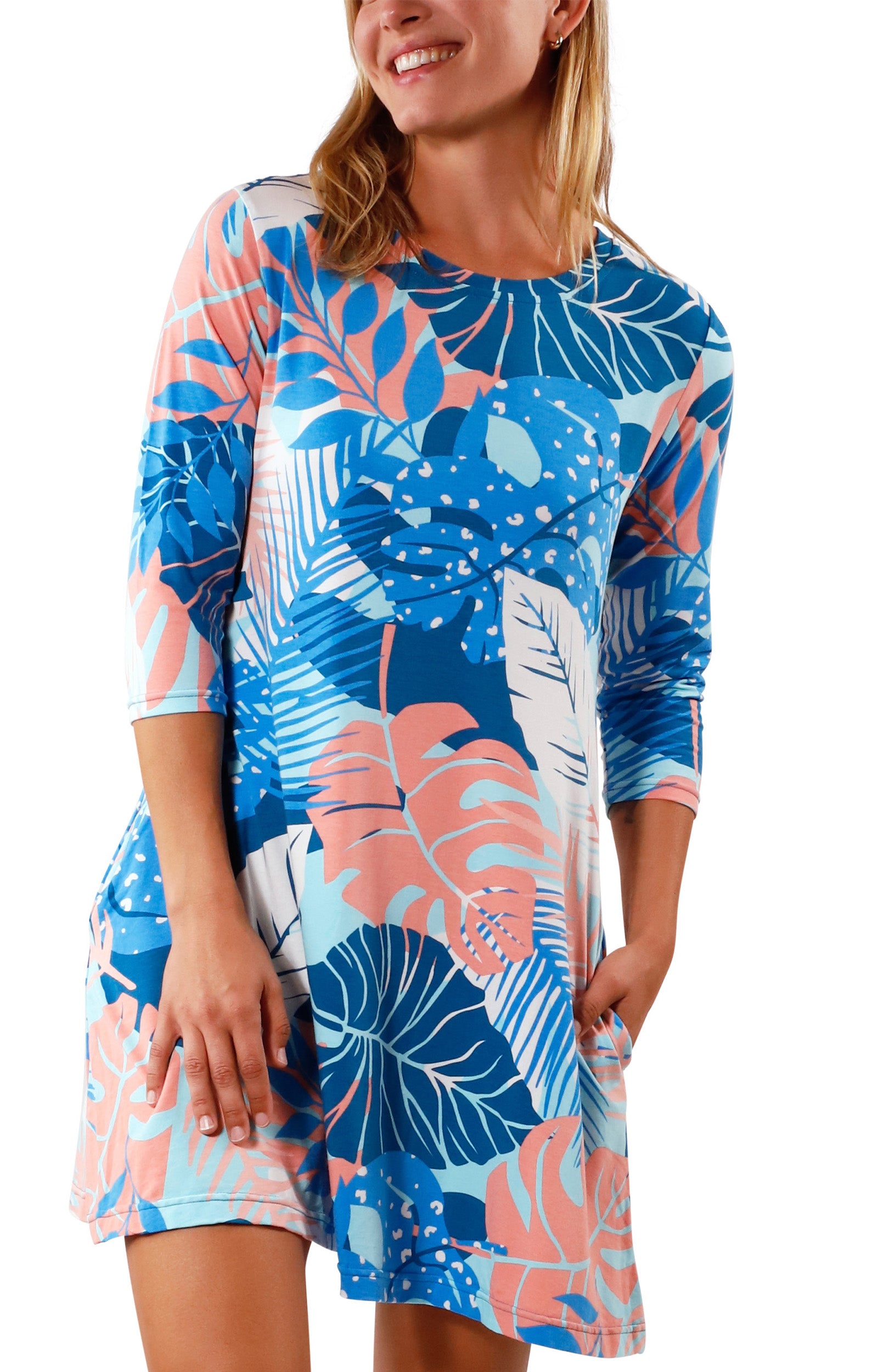 Women's 3/4 Sleeve Swing Dress in Ocean Botanical|ocean-botanical