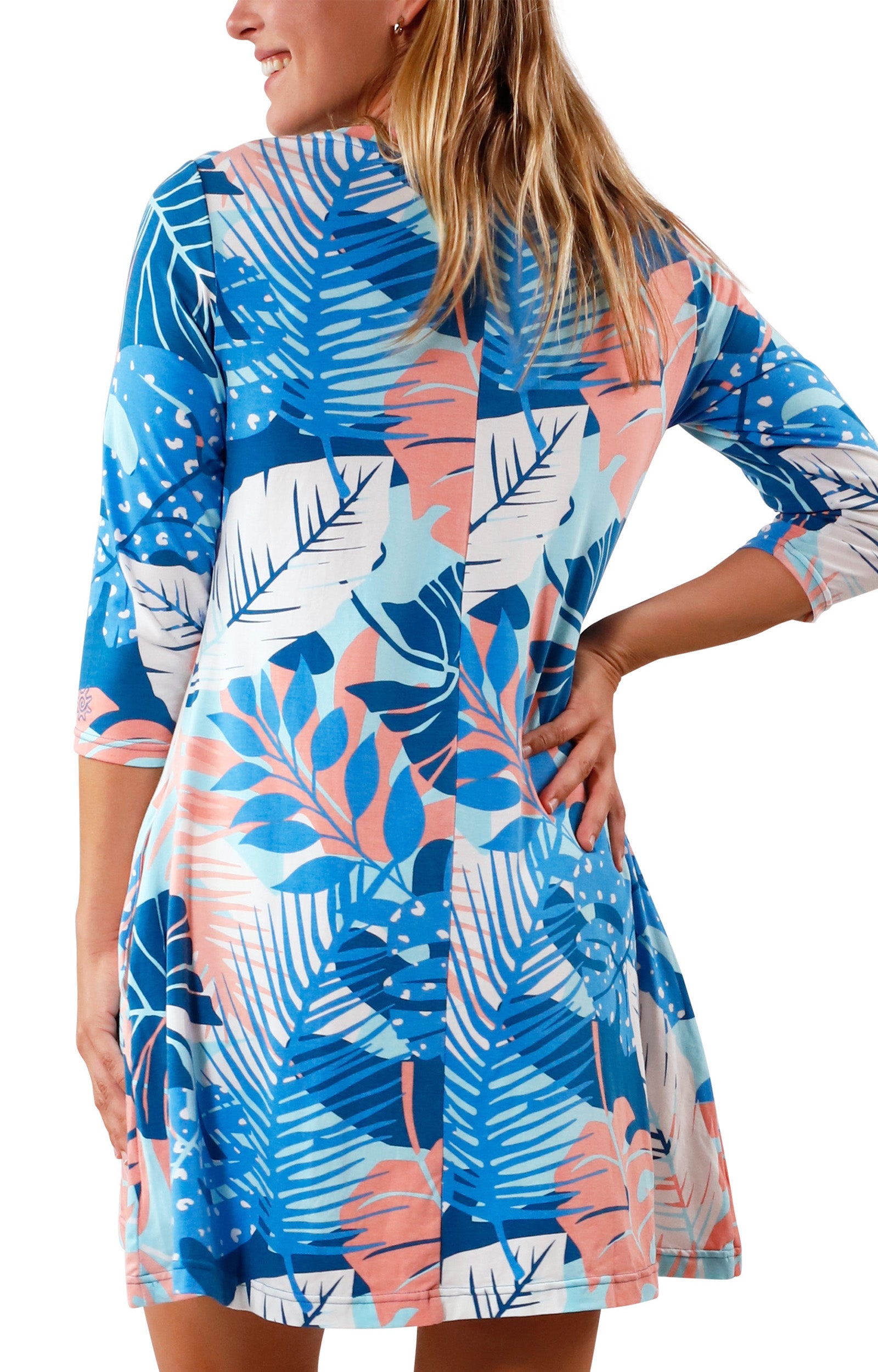 back view of Women's 3/4 Sleeve Swing Dress in Ocean Botanical|ocean-botanical