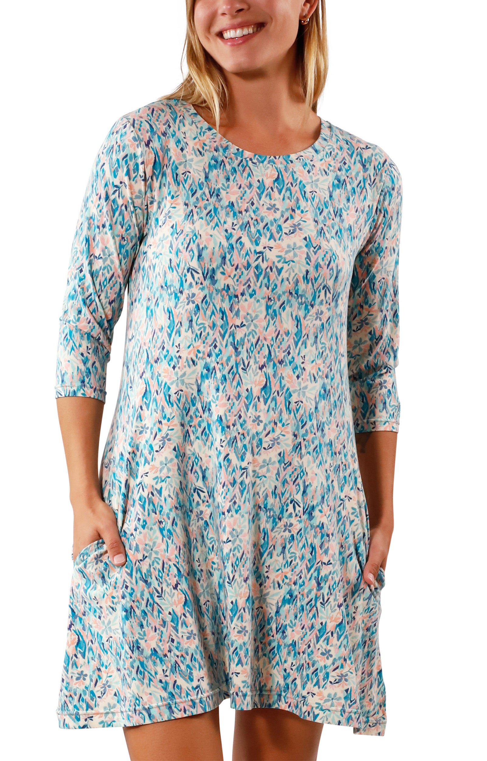 Women's 3/4 Sleeve Swing Dress in River Painted Eden|river-painted-eden