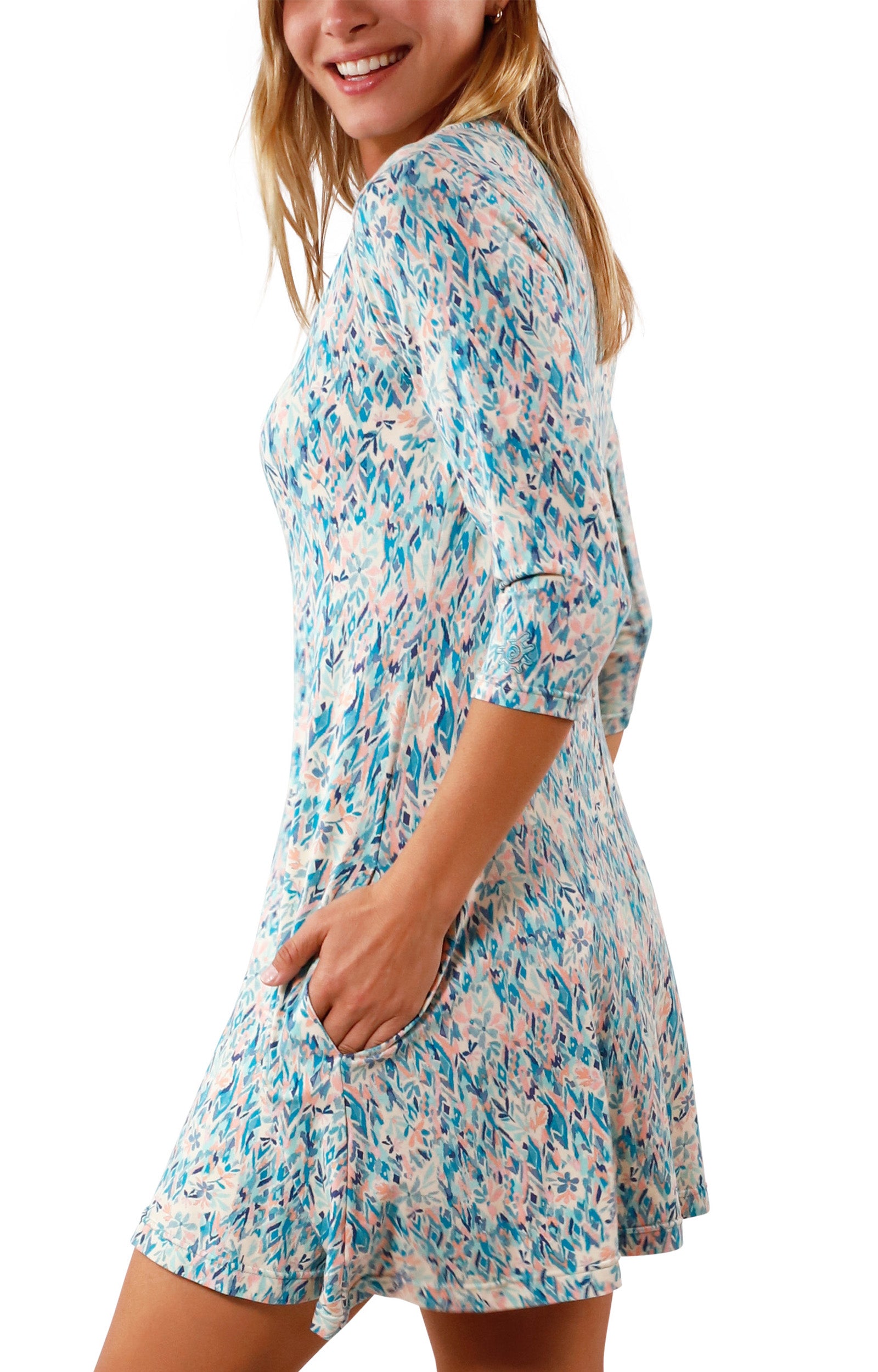 side view of Women's 3/4 Sleeve Swing Dress in River Painted Eden|river-painted-eden