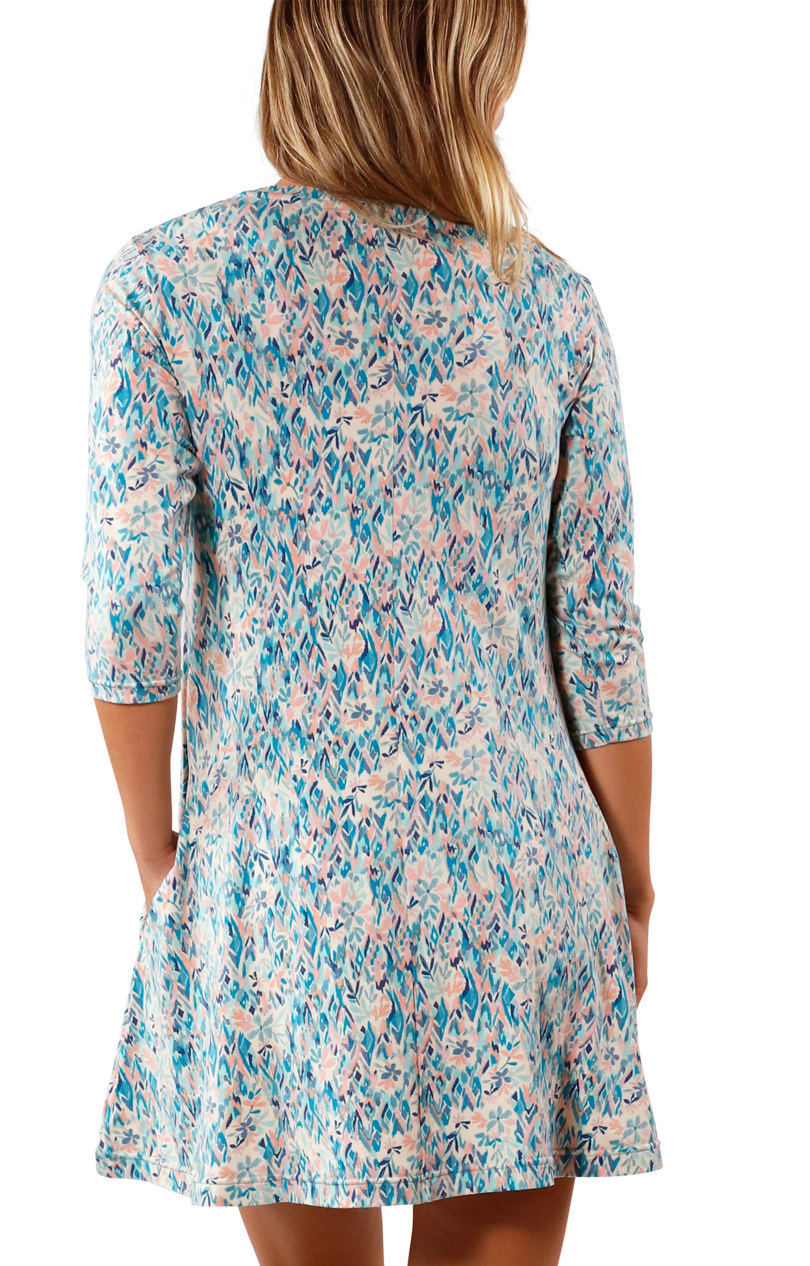 back view of Women's 3/4 Sleeve Swing Dress in River Painted Eden|river-painted-eden