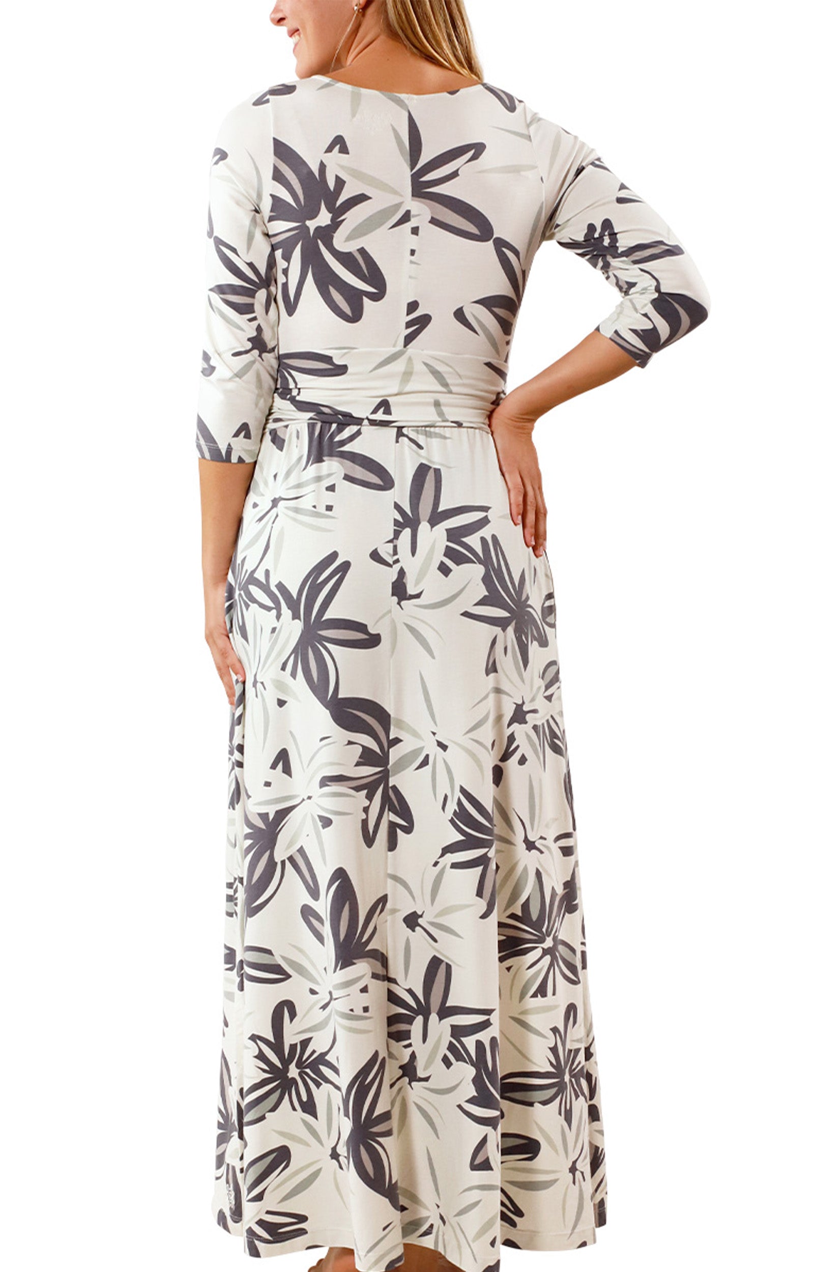 back view of womens scoop neck maxi dress in breezy floral|breezy-floral