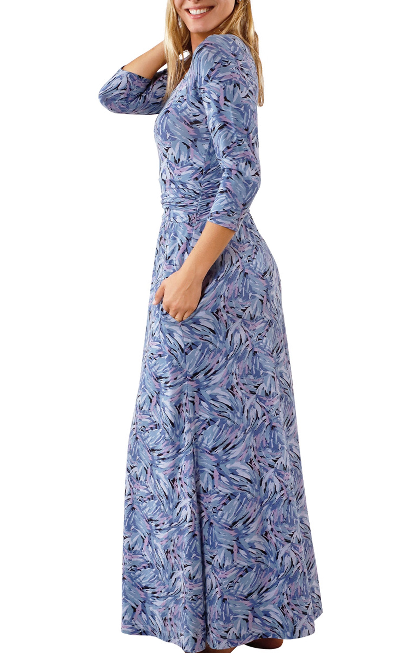 side view of womens scoop neck maxi dress in brushstrokes|brushstrokes