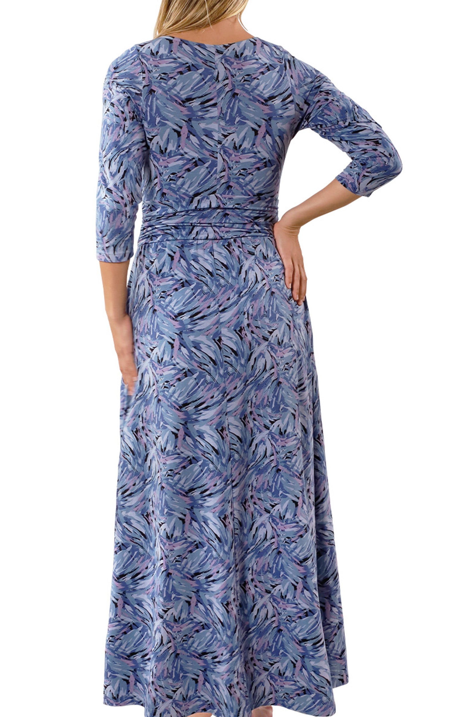 back view of womens scoop neck maxi dress in brushstrokes|brushstrokes