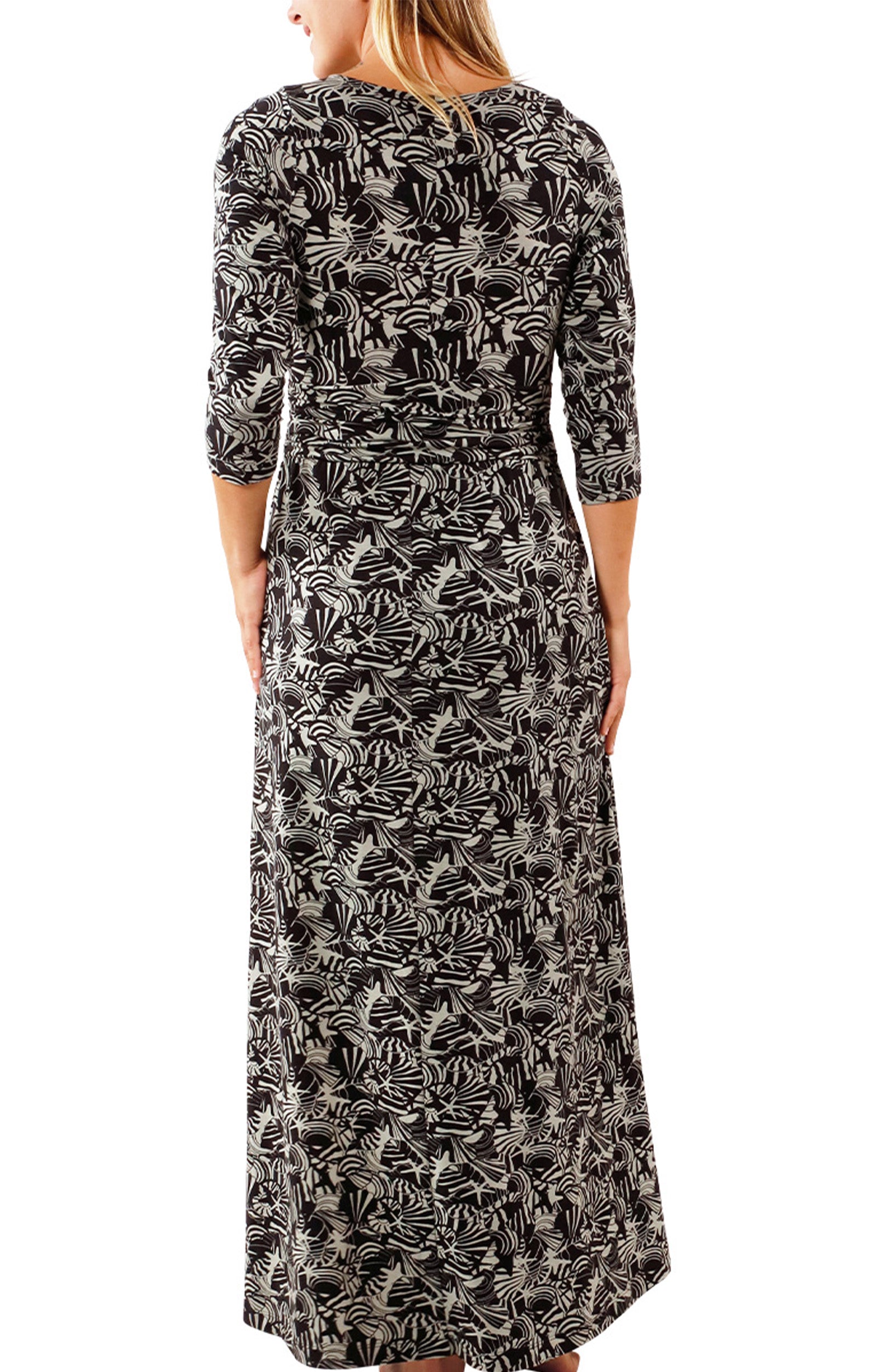 back view of womens scoop neck maxi dress in shadow shells|shadow-shells