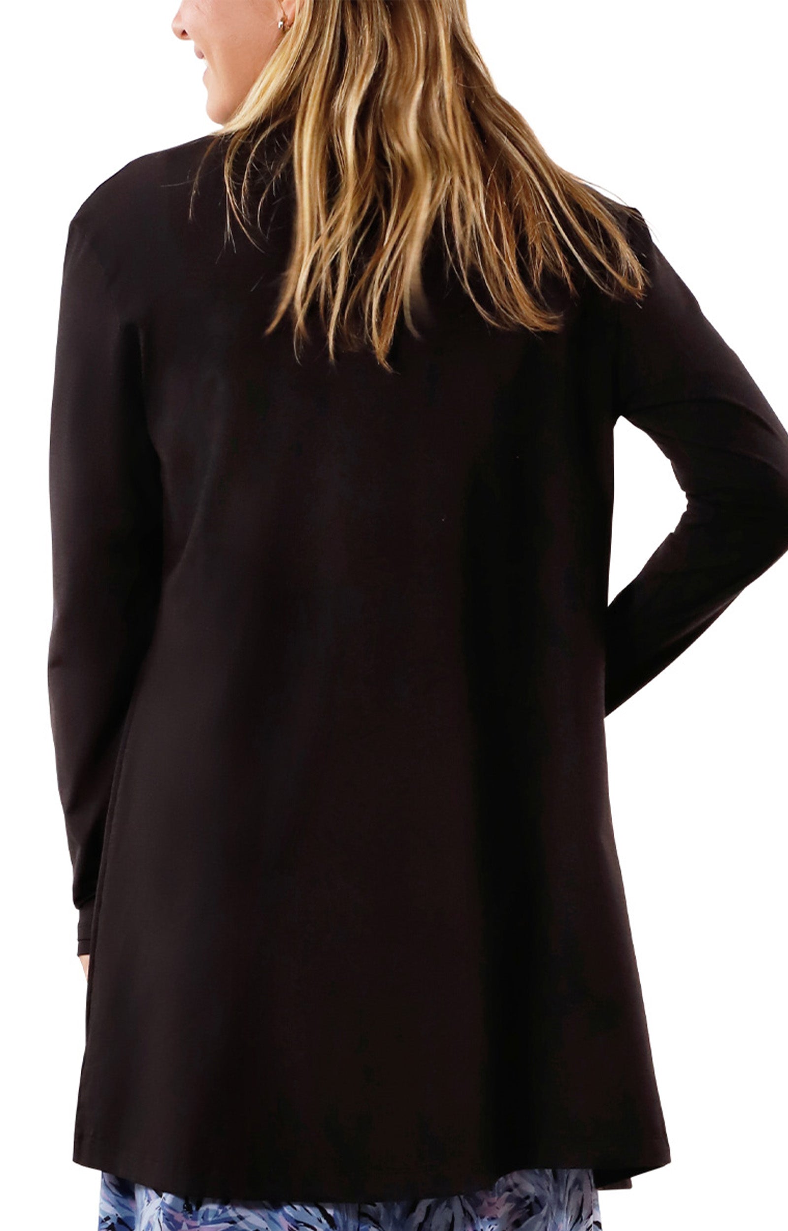back view of womens everyday sun layer in black|black