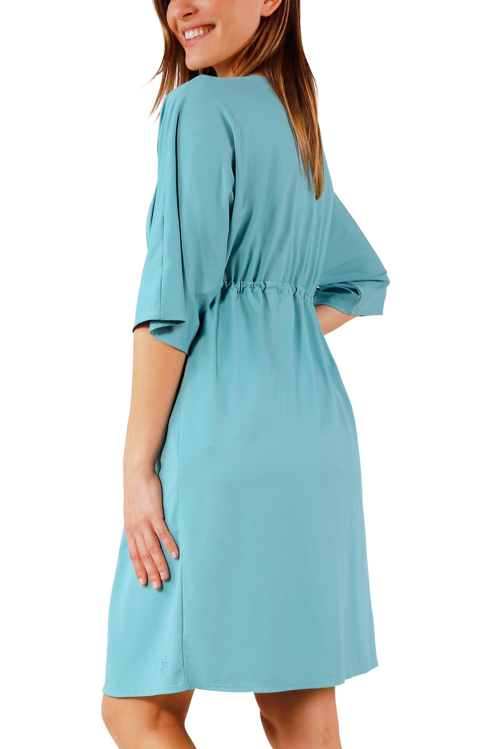 side view of womens front tie sun kimono in river|river