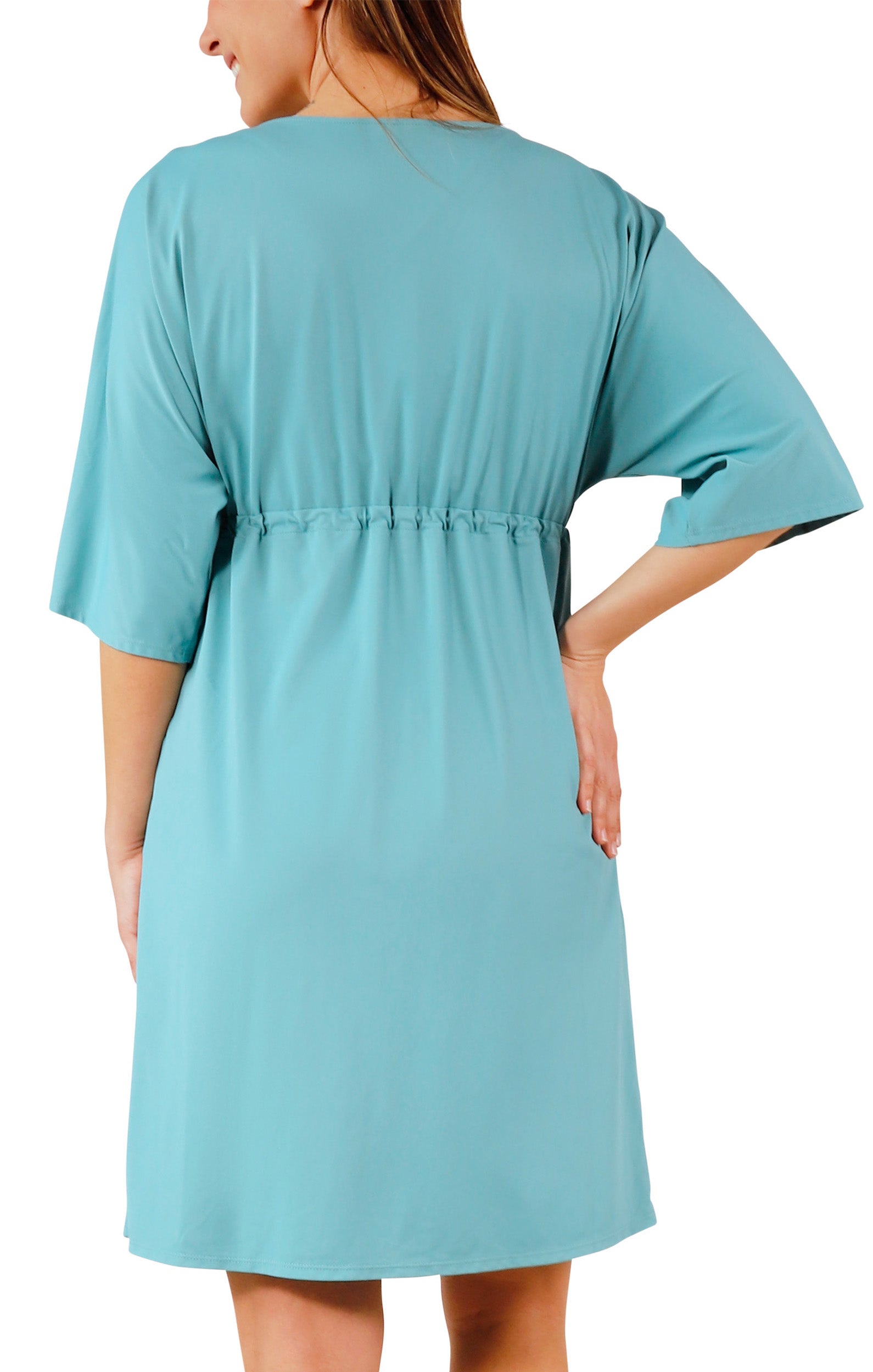 back view of womens front tie sun kimono in river|river