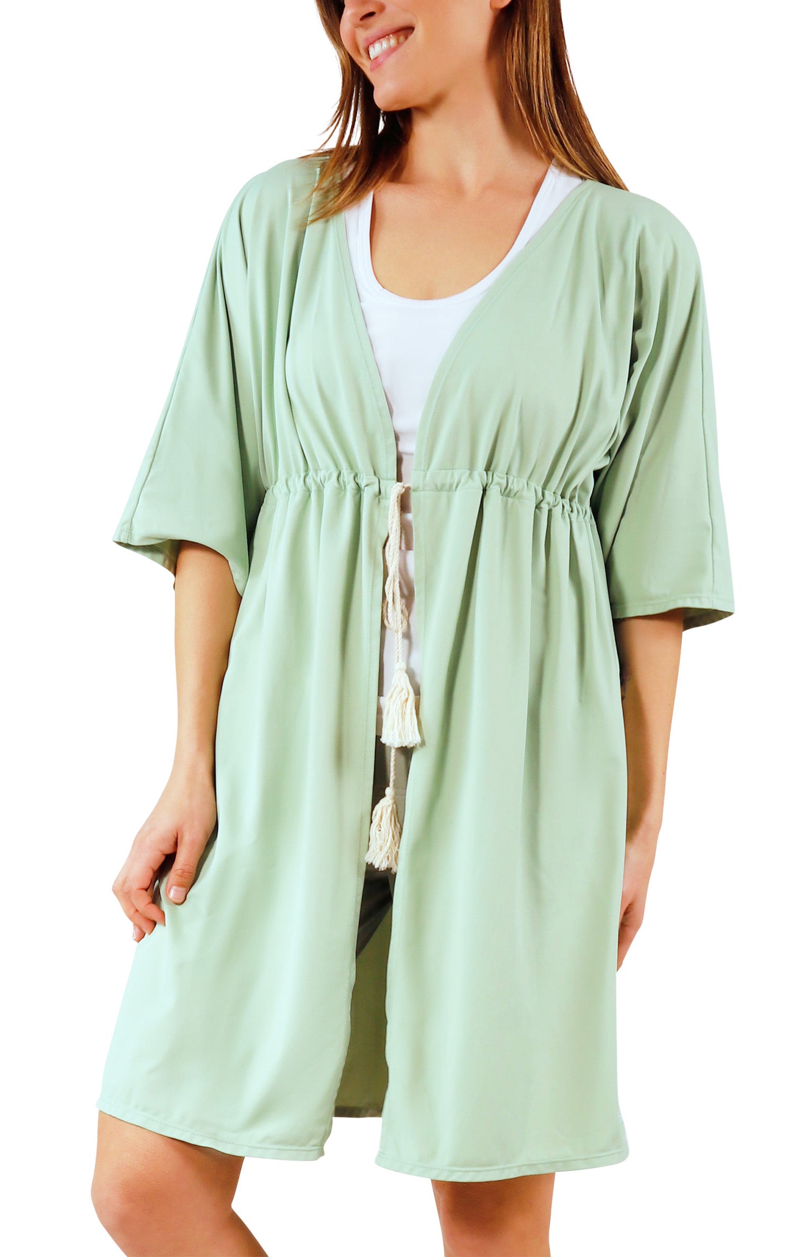 women's front tie sun kimono in frosty green|frosty-green