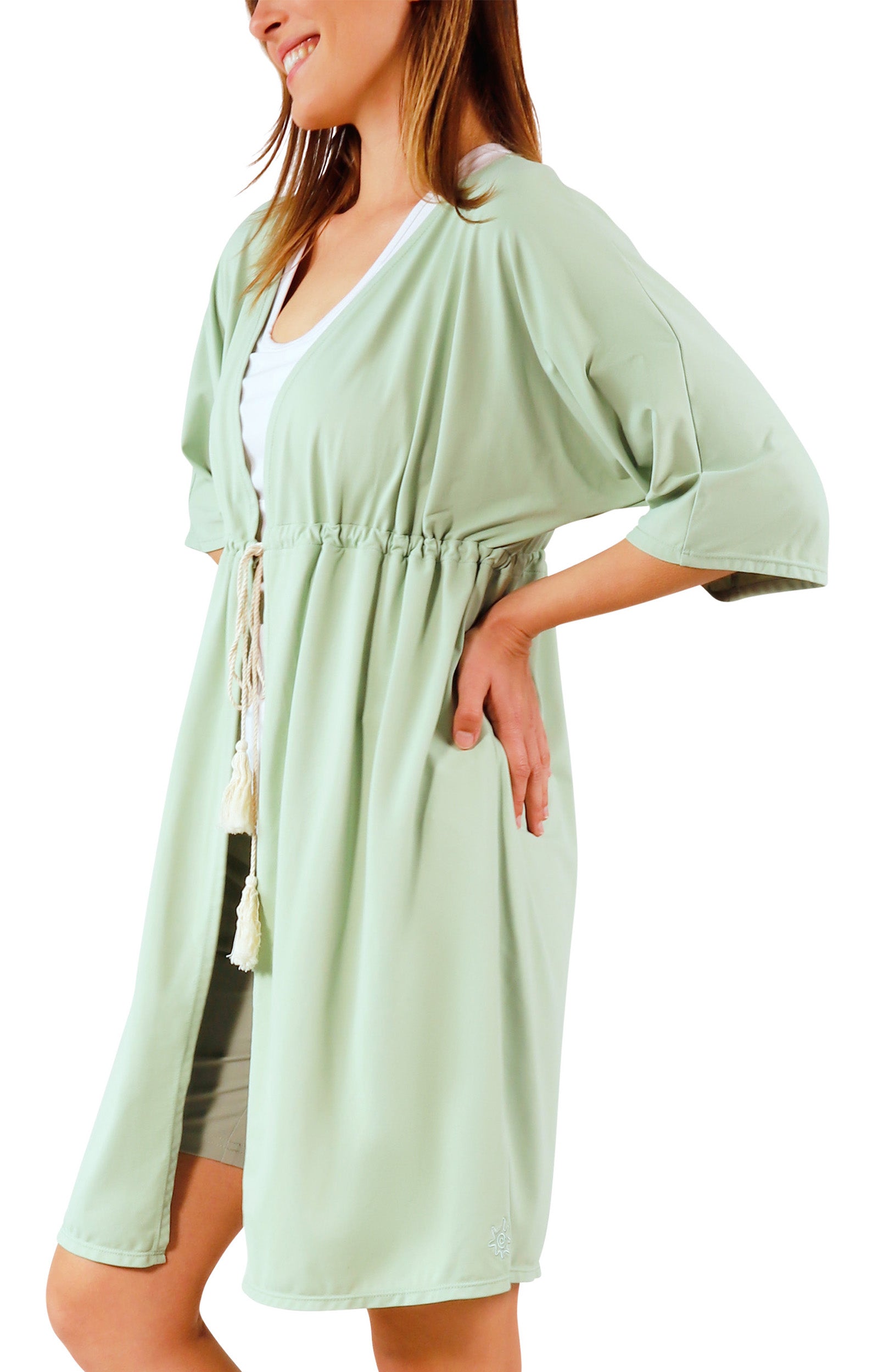 side view of women's front tie sun kimono in frosty green|frosty-green