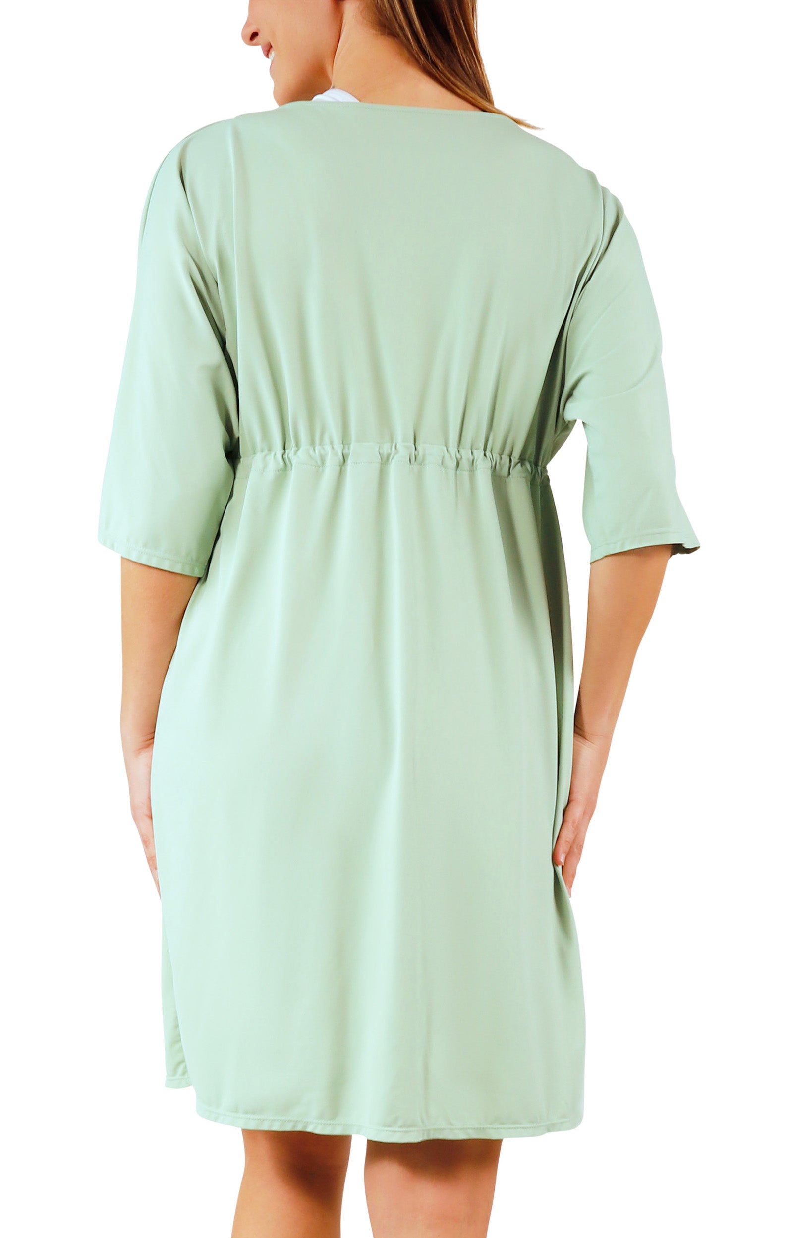 back view of women's front tie sun kimono in frosty green|frosty-green