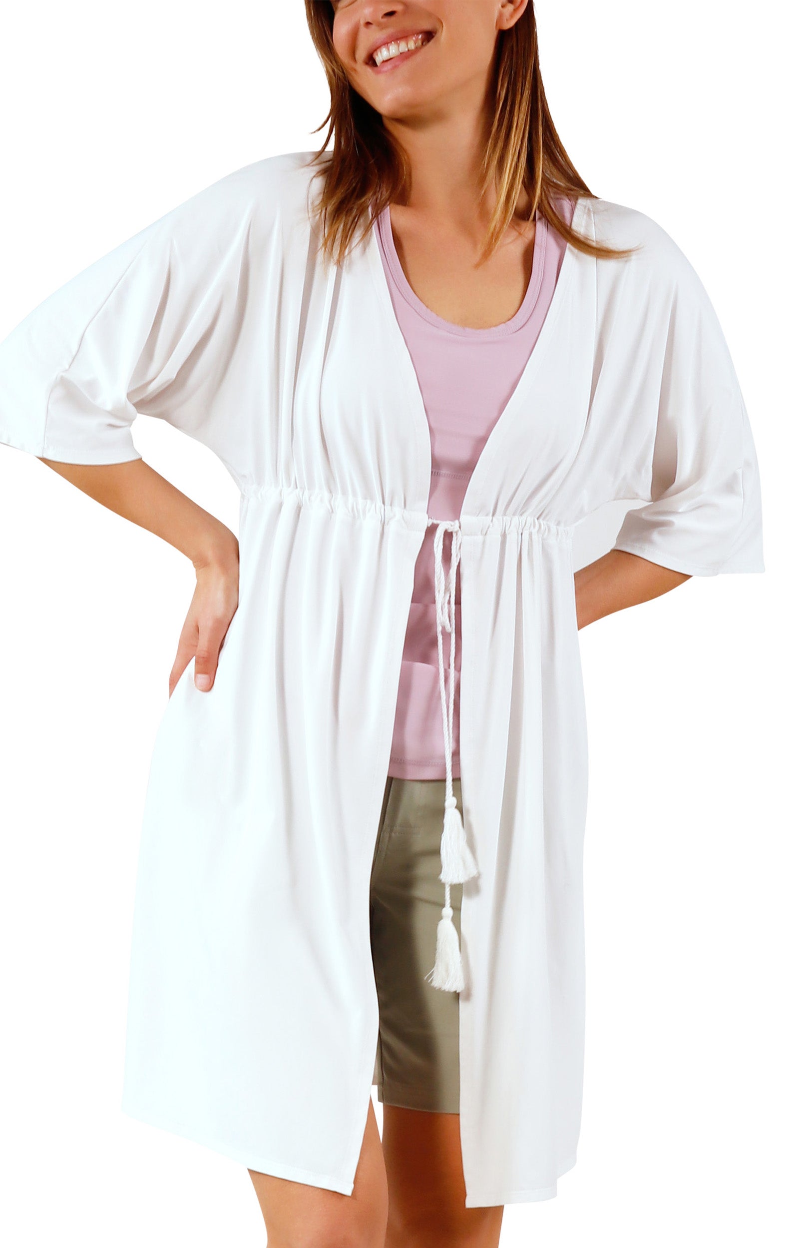 women's white front tie sun kimono|white