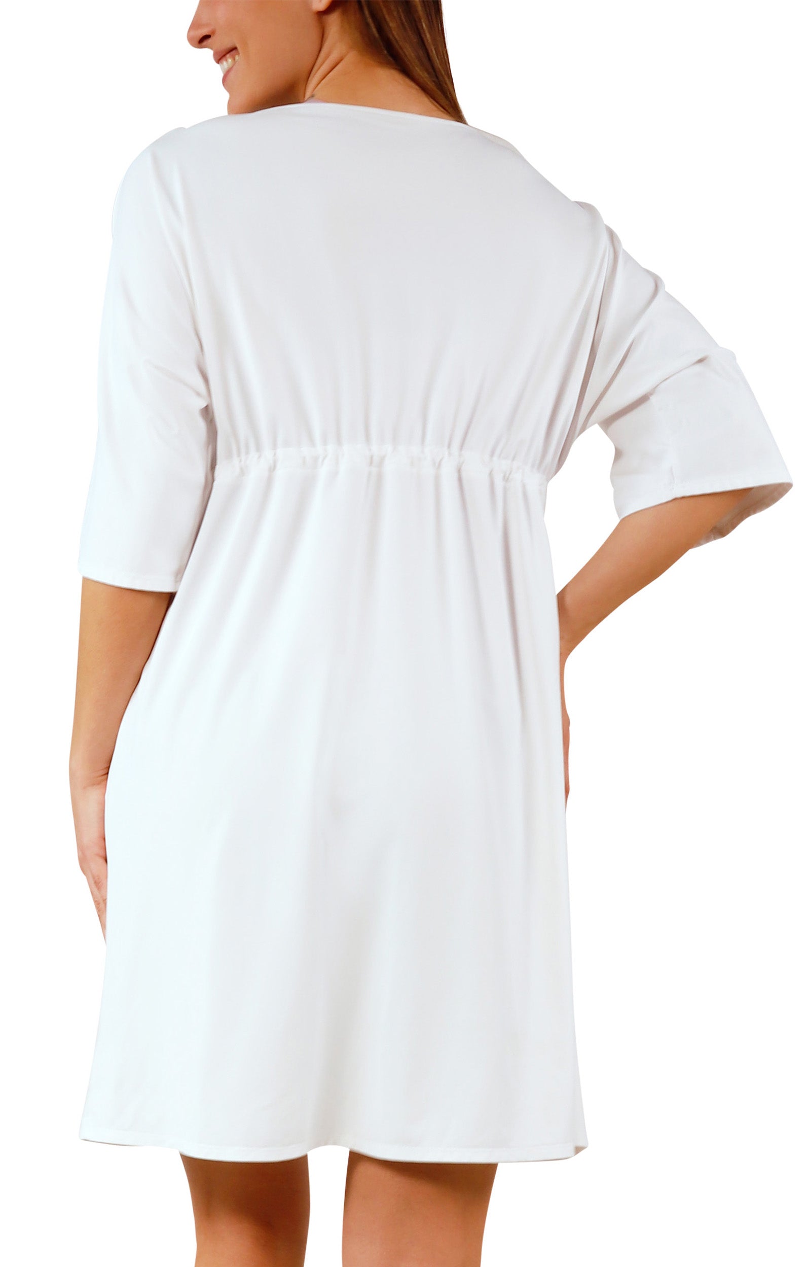 back view of women's white front tie sun kimono|white