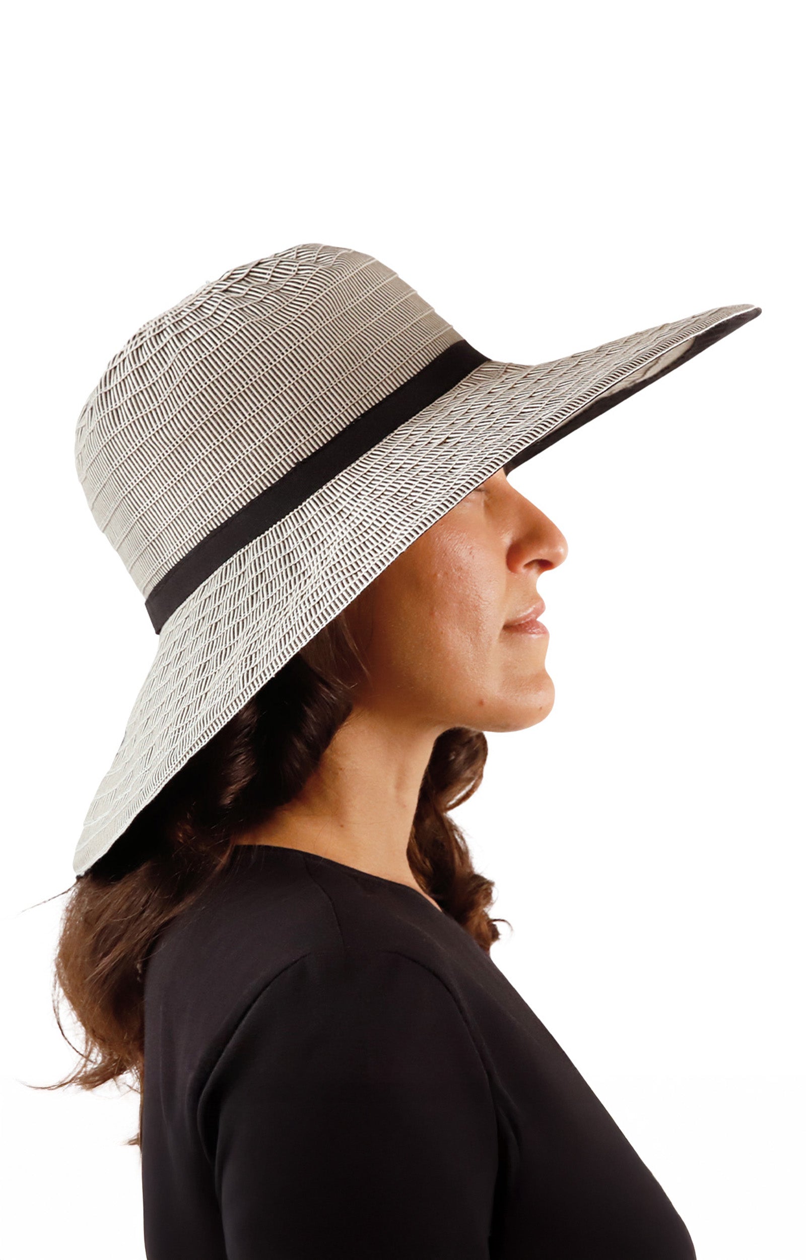 side view of woman in black pacifica hat|black