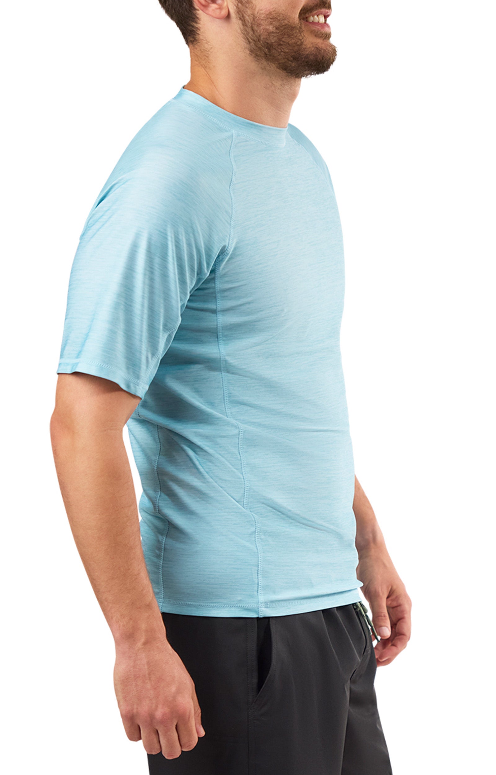 side view of mens short sleeve crew sun & swim shirt|aquamarine-jaspe