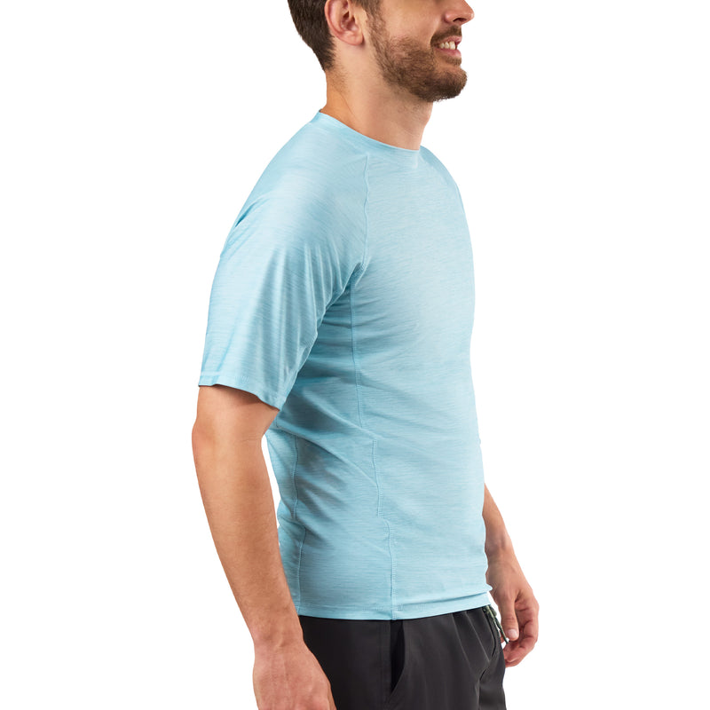 side view of mens short sleeve crew sun & swim shirt|aquamarine-jaspe