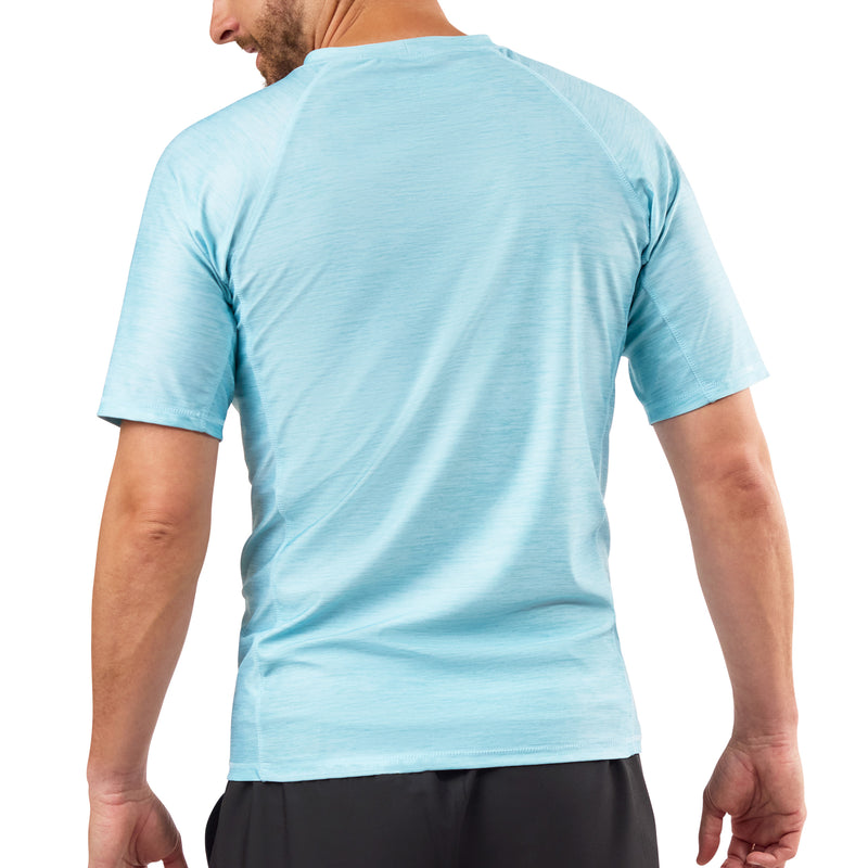 back view of mens short sleeve crew sun & swim shirt|aquamarine-jaspe