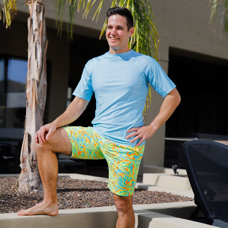 man wearing mens short sleeve crew sun & swim shirt|aquamarine-jaspe