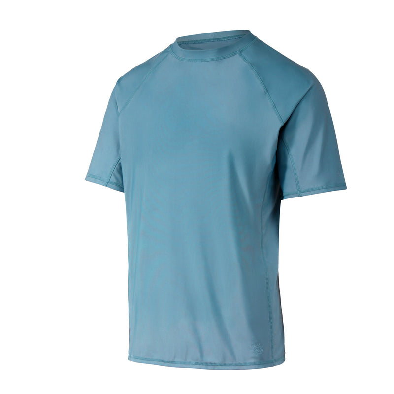 side view of the men's short sleeve swim shirt in baltic|baltic