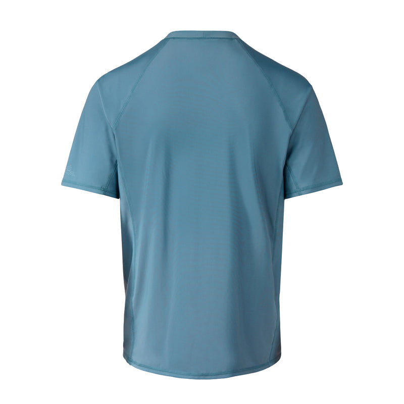 back view of the men's short sleeve swim shirt in baltic|baltic