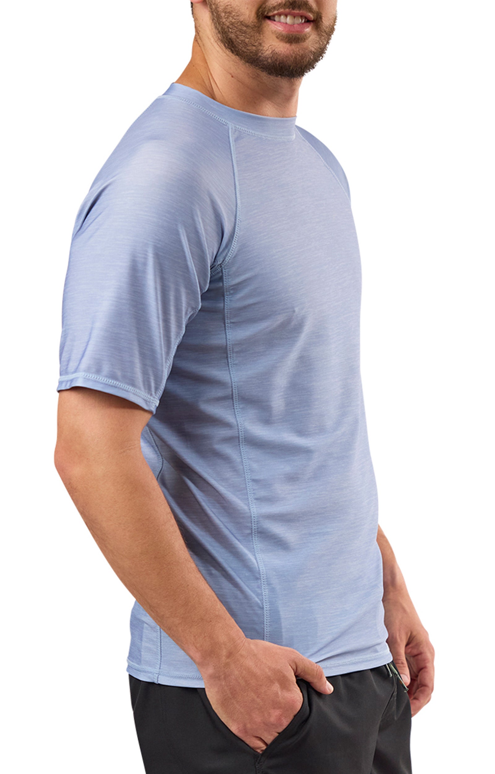 side view of mens short sleeve crew sun & swim shirt|coastal-jaspe