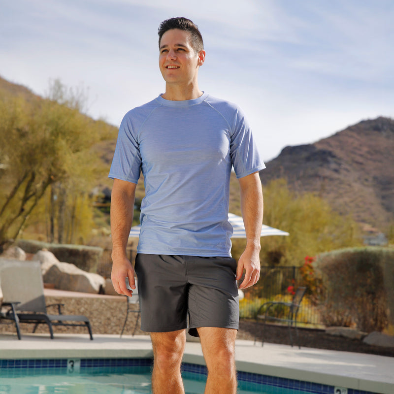 man by the pool wearing mens short sleeve crew sun & swim shirt|coastal-jaspe