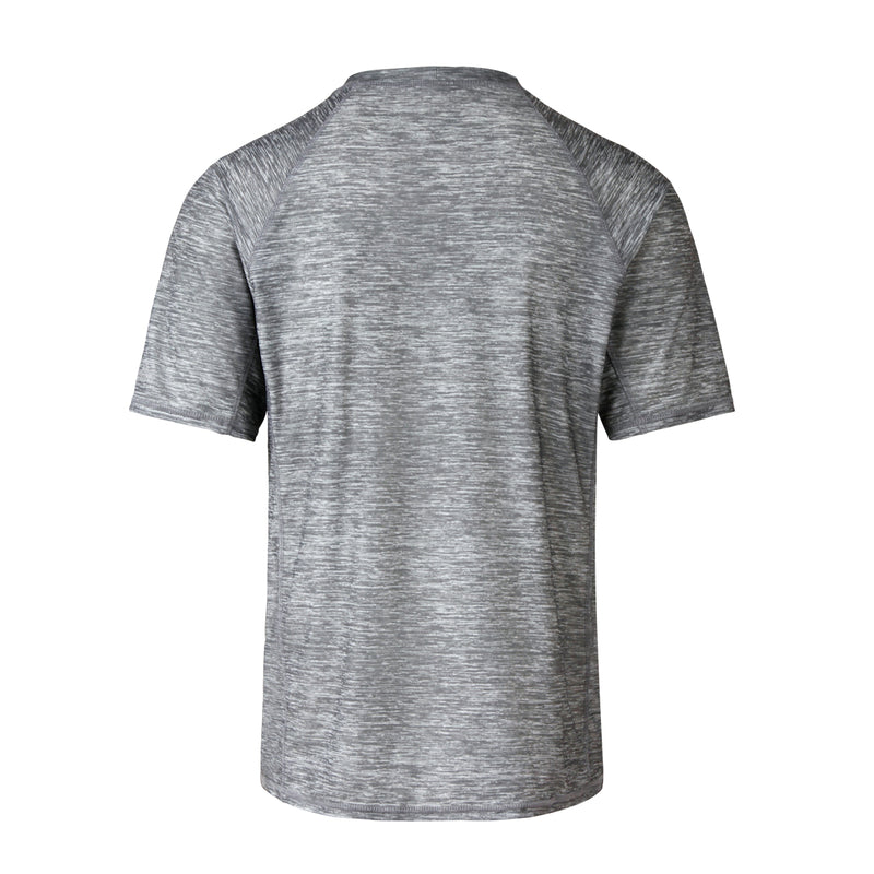back view of the men's short sleeve swim shirt in cool grey jaspe|cool-grey-jaspe