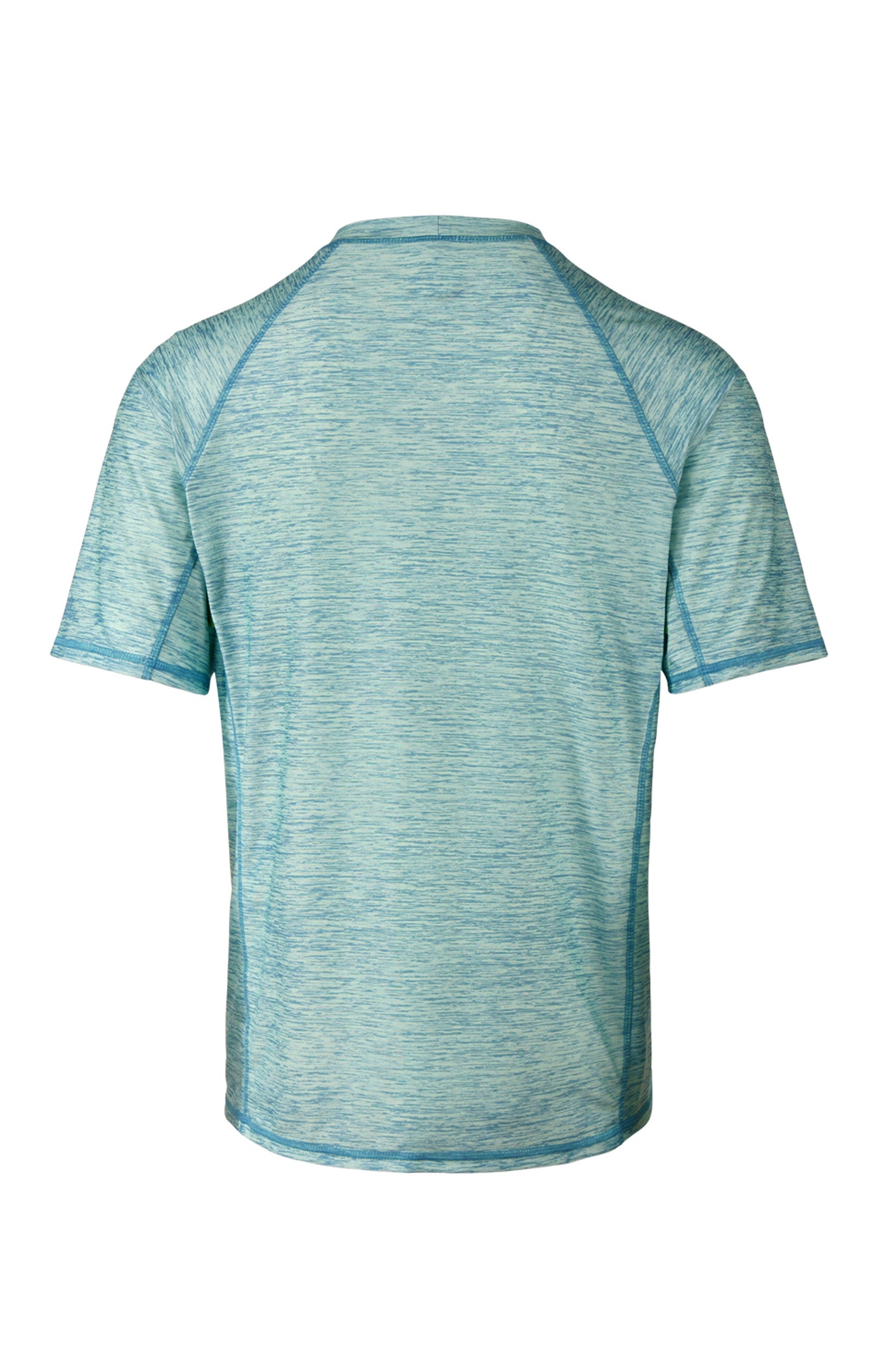 back view of the men's short sleeve swim shirt in lagoon jaspe|lagoon-jaspe