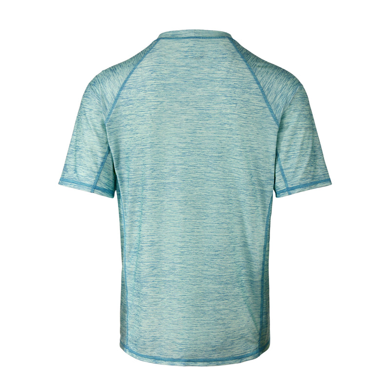 back view of the men's short sleeve swim shirt in lagoon jaspe|lagoon-jaspe